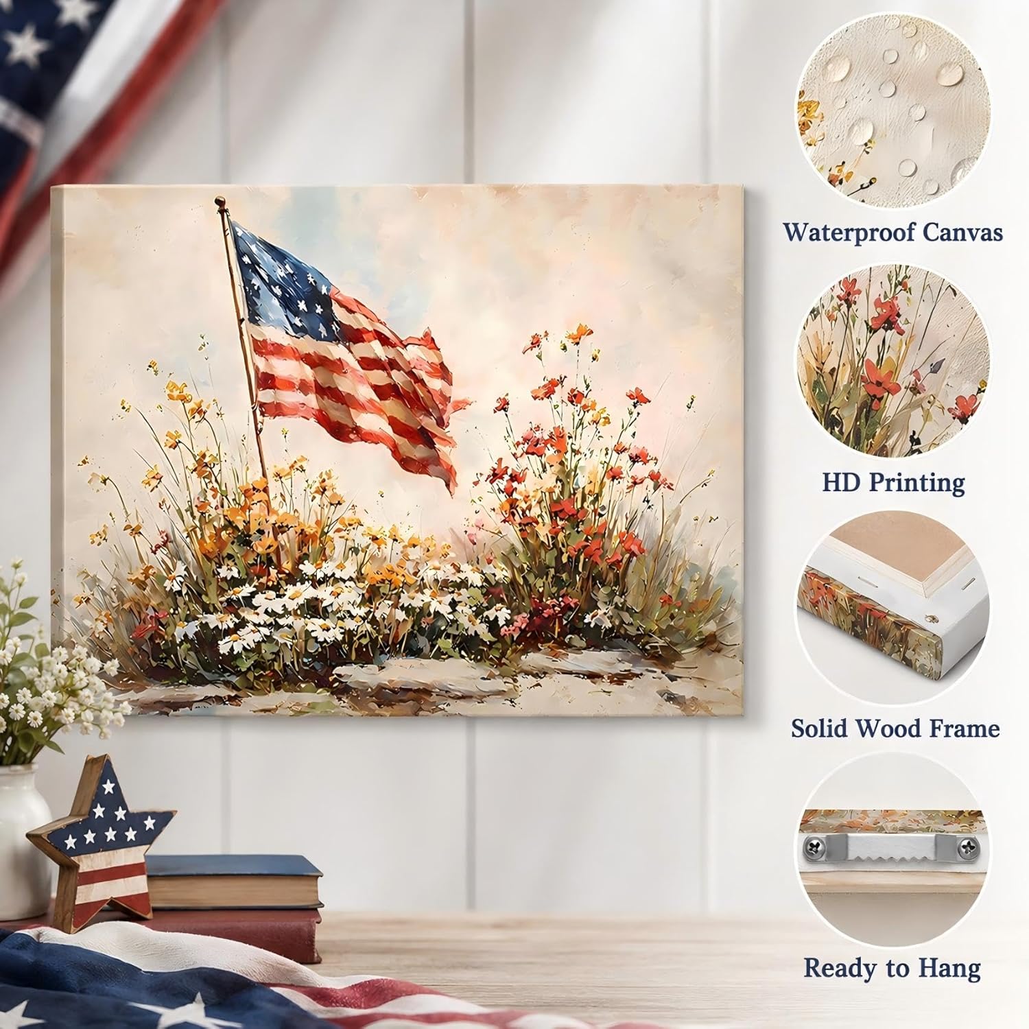 Vintage American Flag Wildflower Canvas Wall Art for Living Room, Framed Patriotic 4th of July Canvas Prints Pictures, Rustic Farmhouse Artwork for Enterway Bedroom Bathroom Wall Decor
