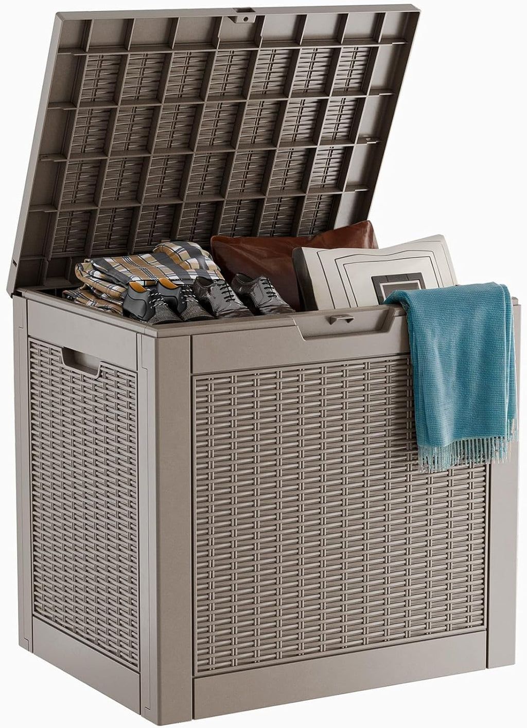 PatioZen 31 Gallon Wicker Pattern Resin Deck Box, Lockable Patio Outdoor Storage Box for Furniture, Garden Tools and Tools Storage, Waterproof Outside Storage Box (Grey)