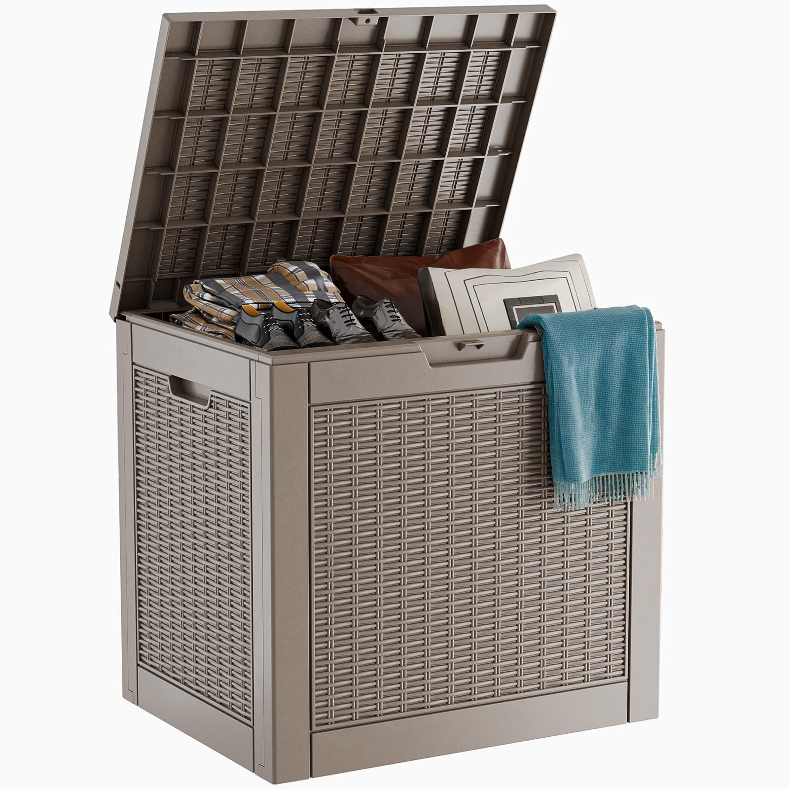 PatioZen 31 Gallon Wicker Pattern Resin Deck Box, Lockable Patio Outdoor Storage Box for Furniture, Garden Tools and Tools Storage, Waterproof Outside Storage Box (Grey)