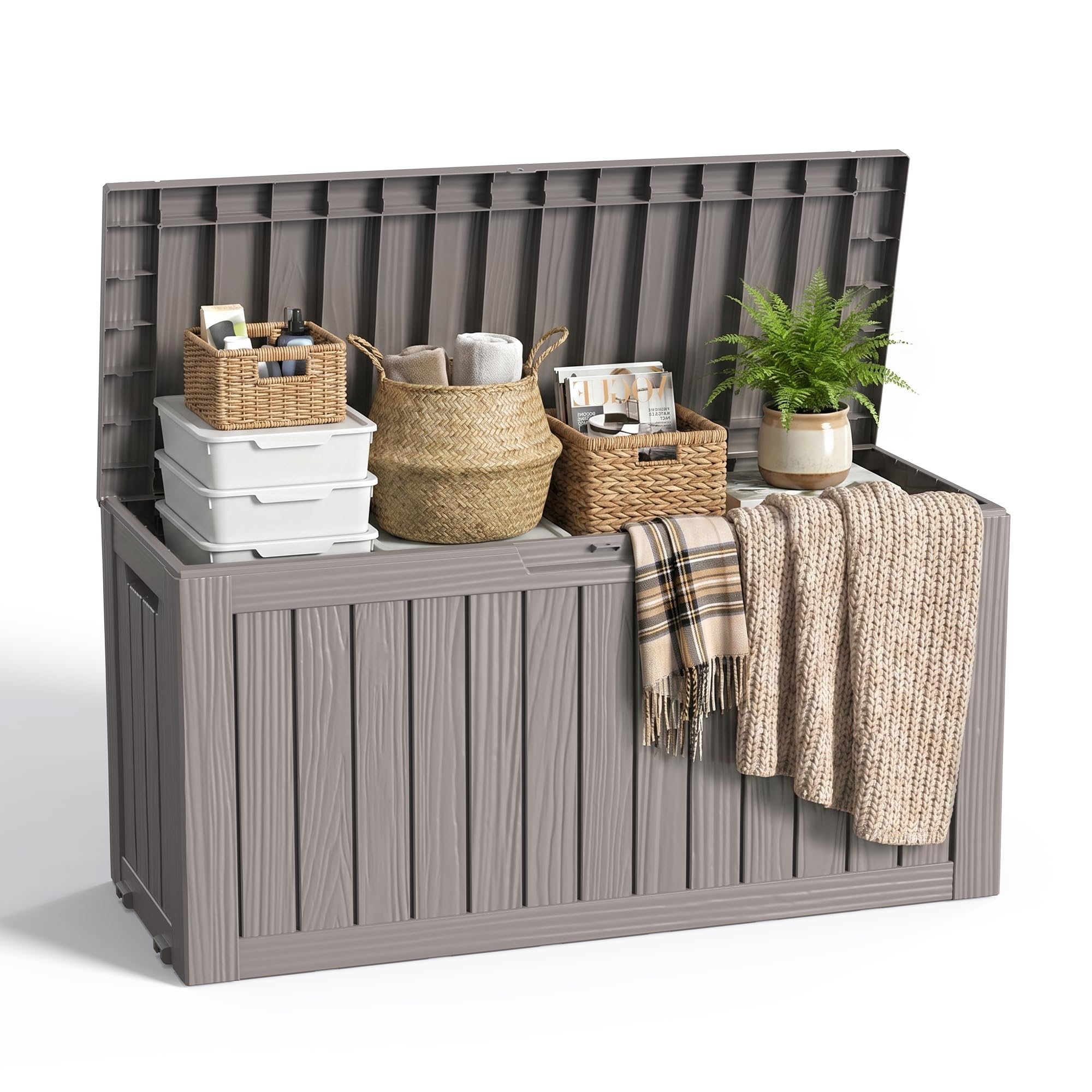EasyUp 85 Gallon Outdoor Storage Box, Resin Waterproof UV-Resistant Deck Box, Reinforced Stability for Patio, Garden, and Poolside, Striped Black