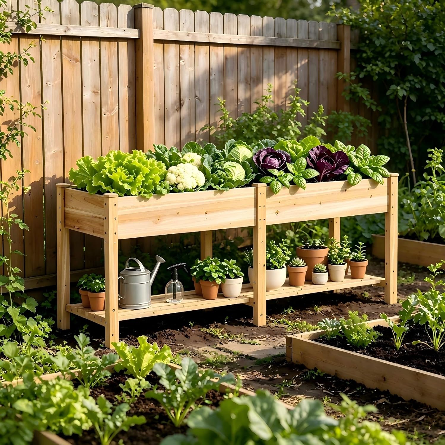 72x24x30.7in Wooden Planter Box with Storage Shelf Raised Garden Bed with Legs Elevated Wood Planter Box for Vegetables Flowers Herbs Garden Planter for Backyard Patio Balcony (Natural, Large)