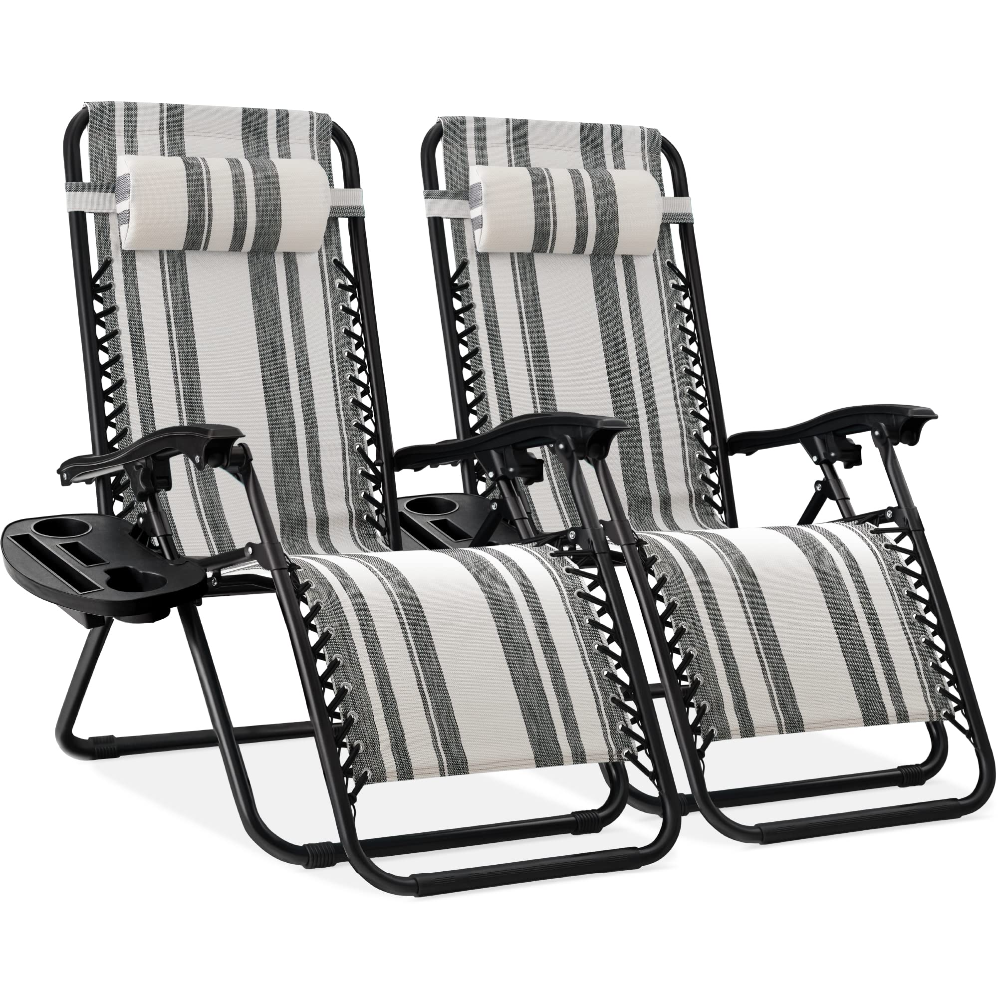 Best Choice Products Set of 2 Adjustable Steel Mesh Zero Gravity Lounge Chair Recliners w/Pillows and Cup Holder Trays - Ice Gray