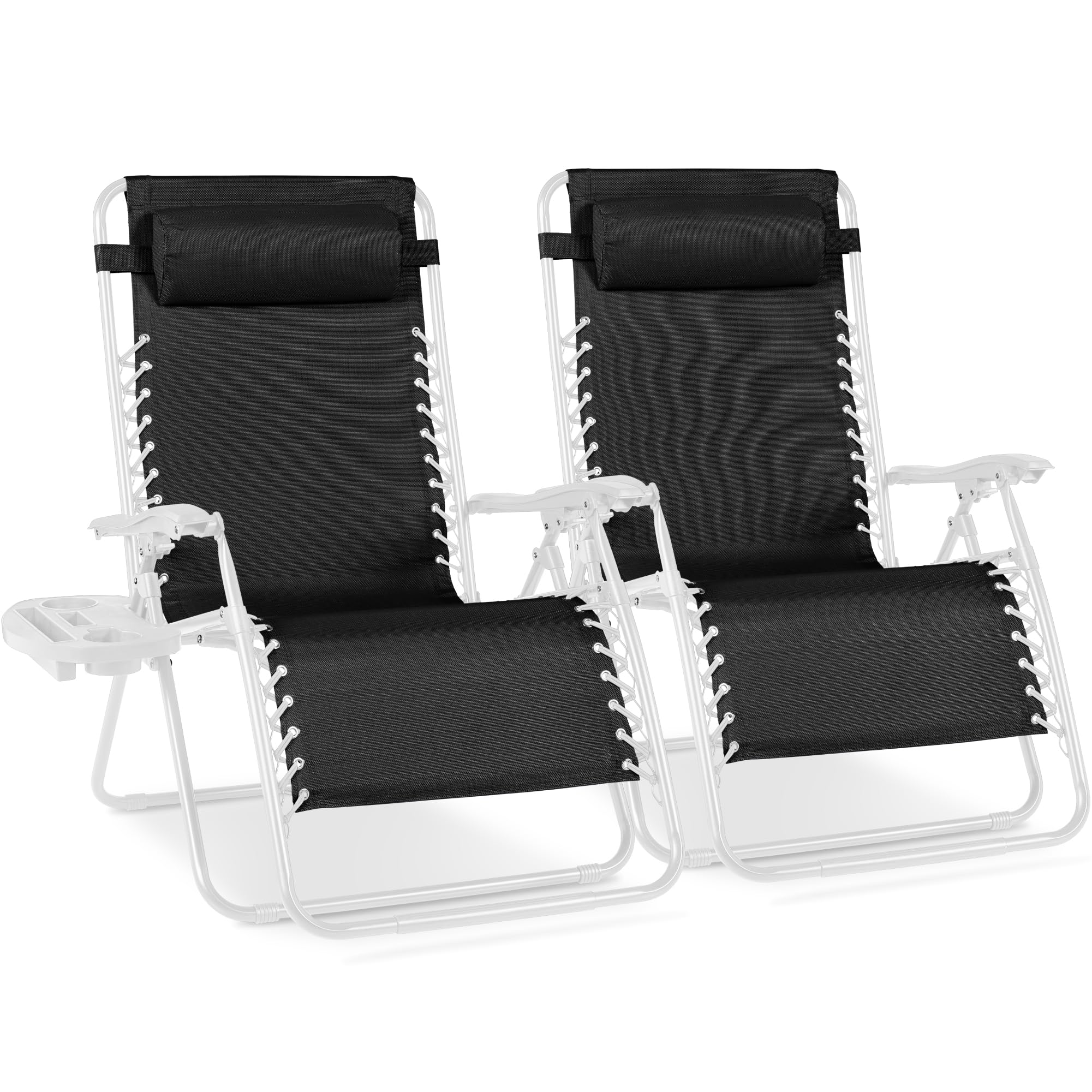 Best Choice Products Set of 2 Adjustable Steel Mesh Zero Gravity Lounge Chair Recliners w/Pillows and Cup Holder Trays - Ice Gray