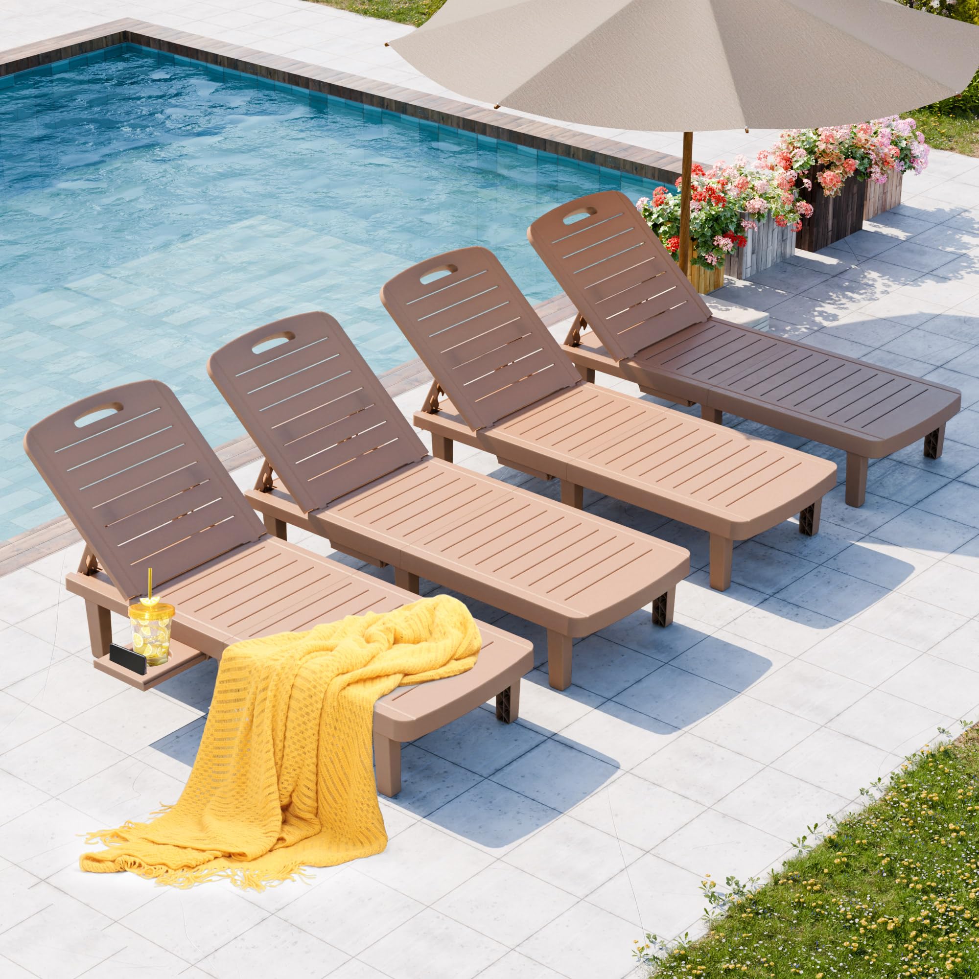 Outdoor Chaise Lounge Set of 4, Waterproof Resin Lounge Chairs for Outside w/Adjustable 5 Positions All Weather Use Recliner Chair for Patio, Poolside, Beach, Yard, Grey