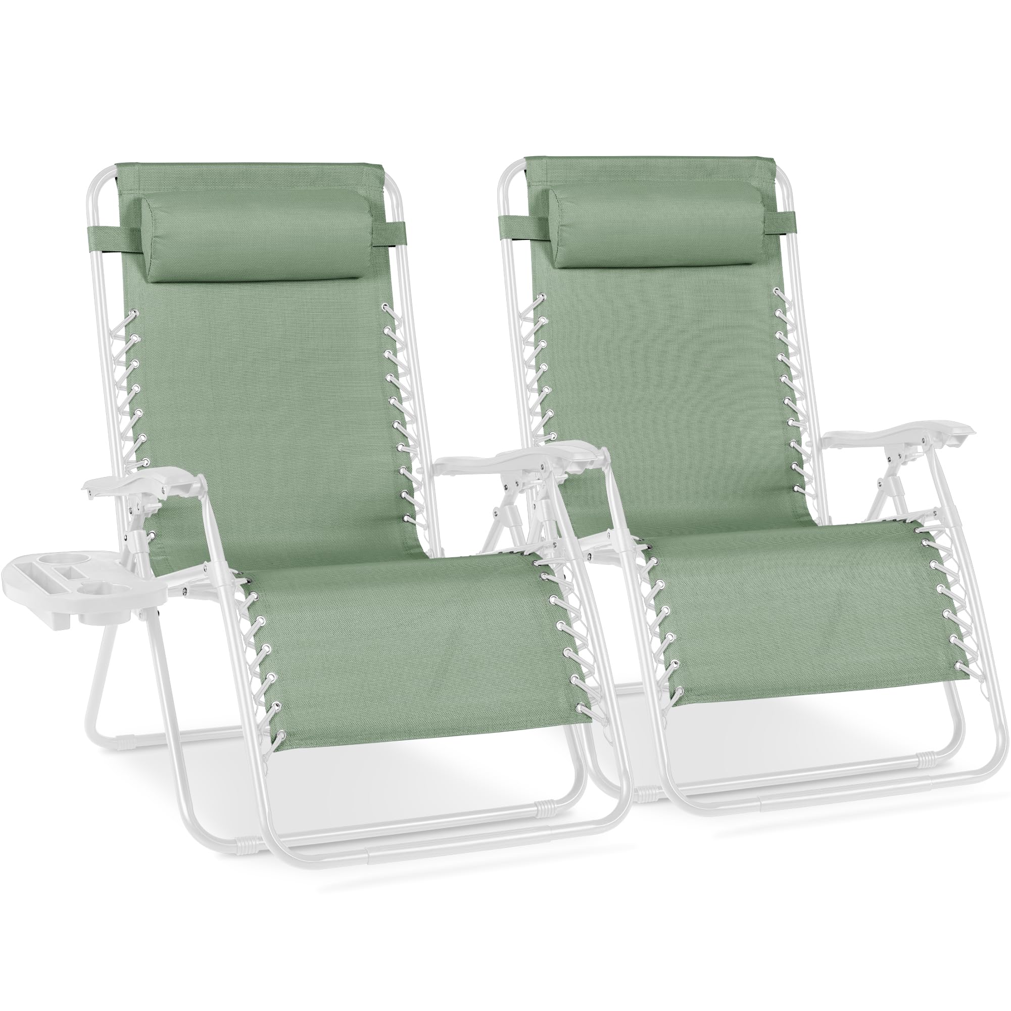 Best Choice Products Set of 2 Adjustable Steel Mesh Zero Gravity Lounge Chair Recliners w/Pillows and Cup Holder Trays - Ice Gray