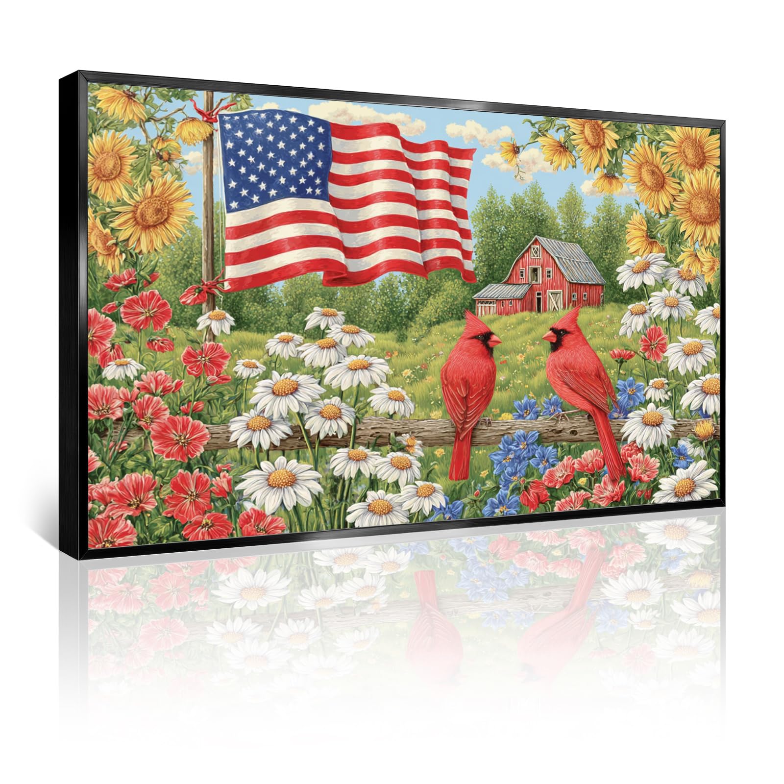Azatyam American Flag Wall Art Patriotic Floral Picture USA Americana Decor Red White Rose Painting Wildflower Canvas Prints Vintage Country Style Artwork for Living Room Office Bedroom Wall Decor 16" x 24"