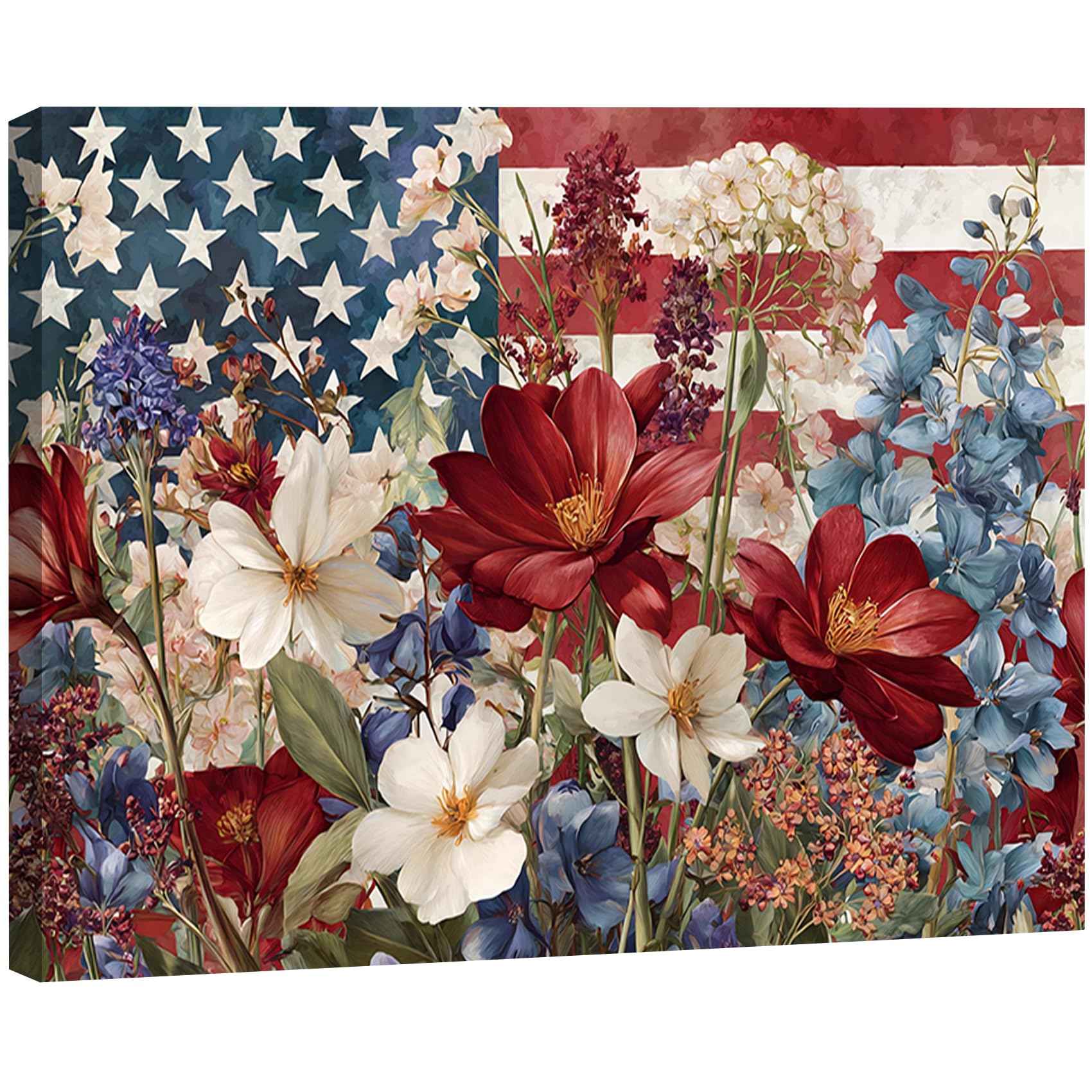 Vintage American Flag Wildflower Canvas Wall Art for Living Room, Framed Patriotic 4th of July Canvas Prints Pictures, Rustic Farmhouse Artwork for Enterway Bedroom Bathroom Wall Decor