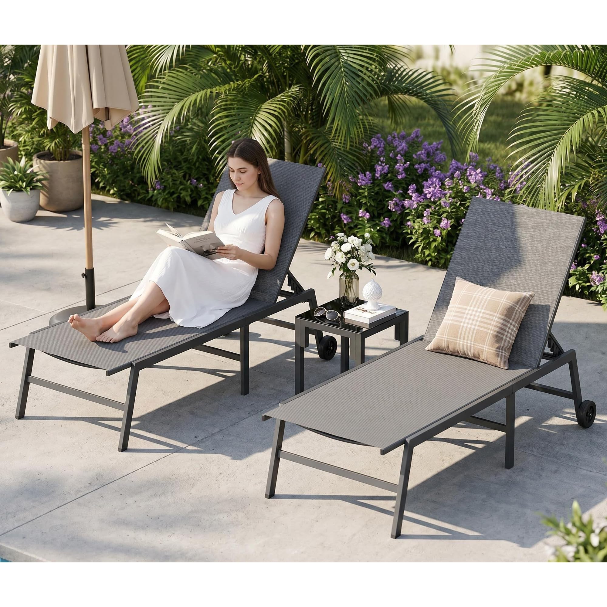UDPATIO Chaise Lounge Outdoor Set of 3, Aluminum Lounge Chair, 5 Adjustable Position Backrest Pool Lounger with Wheels and Side Table for Patio Pool Patio (Grey)