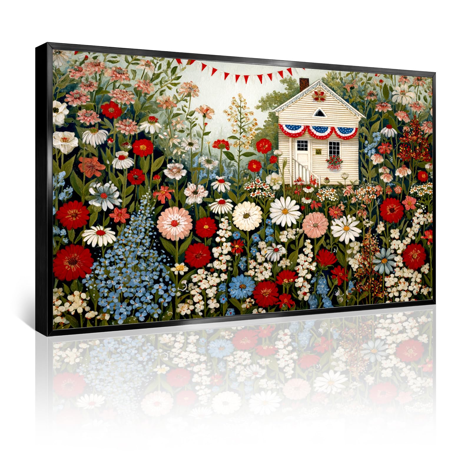 Azatyam American Flag Wall Art Patriotic Floral Picture USA Americana Decor Red White Rose Painting Wildflower Canvas Prints Vintage Country Style Artwork for Living Room Office Bedroom Wall Decor 16" x 24"