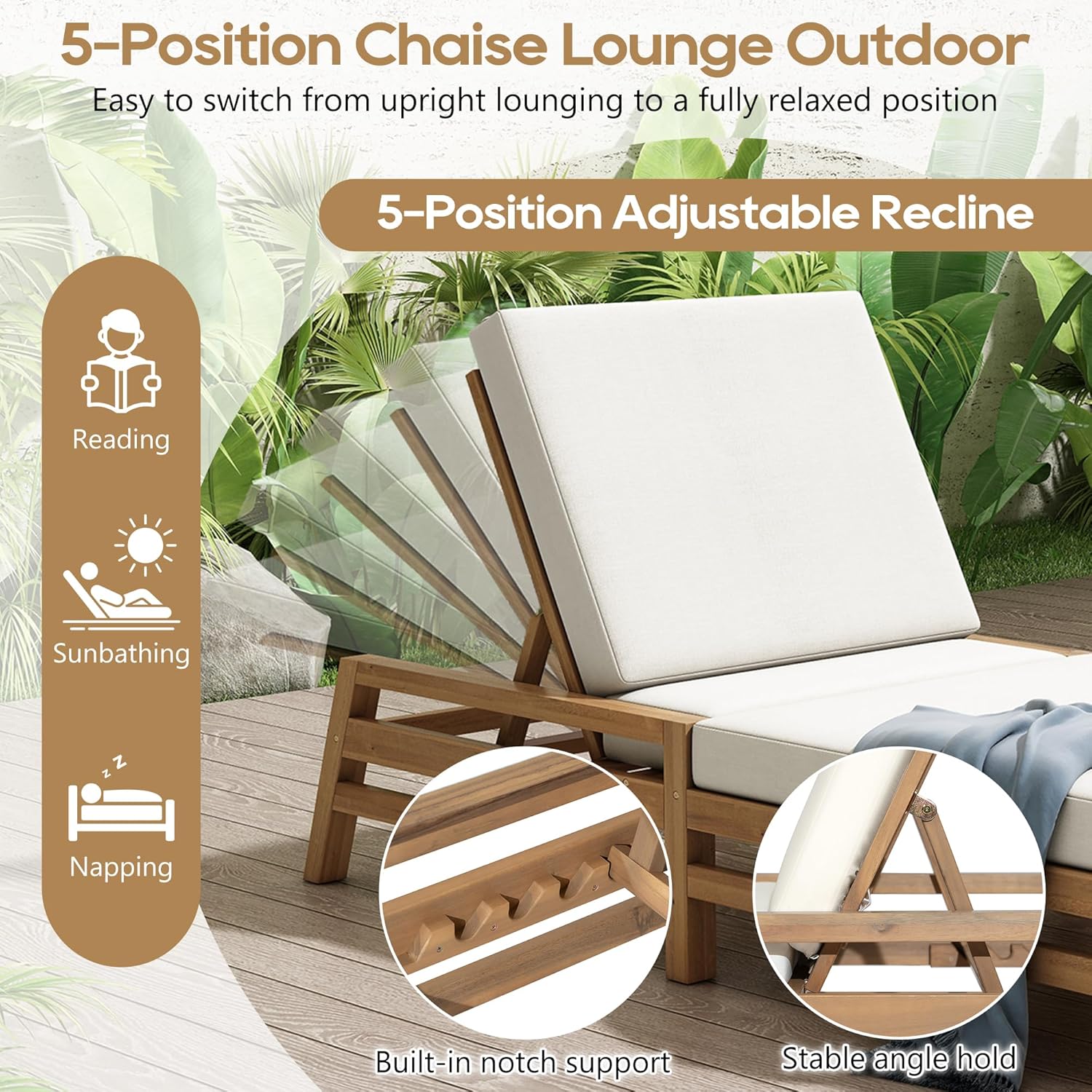 Leisure Zone 5-Position Adjustable Outdoor Chaise Lounge, Solid Acacia Wood Patio Recliner Chair with Beige Thick Weather-Resistant Cushions for Pool, Garden, Balcony (Light Teak)