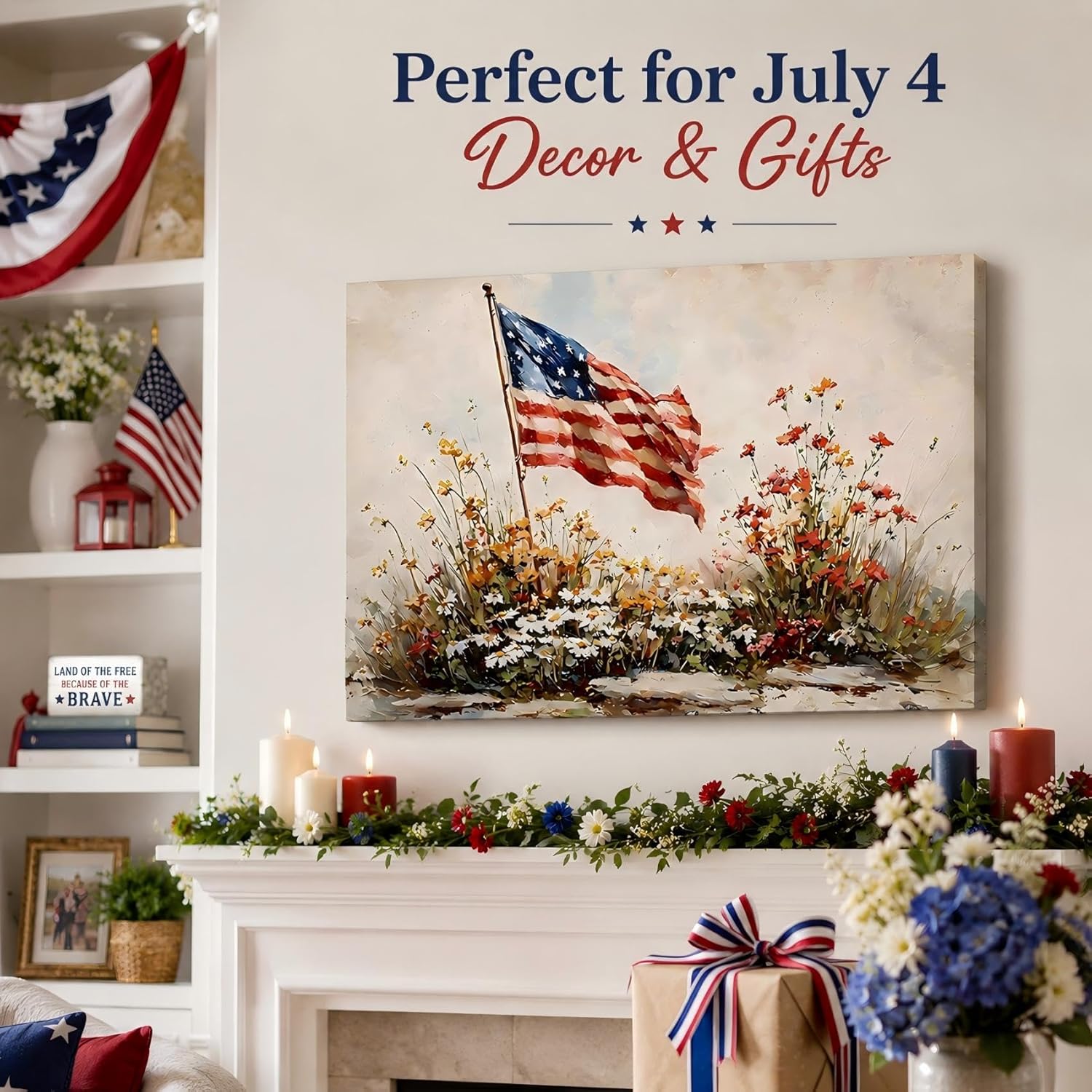 Vintage American Flag Wildflower Canvas Wall Art for Living Room, Framed Patriotic 4th of July Canvas Prints Pictures, Rustic Farmhouse Artwork for Enterway Bedroom Bathroom Wall Decor