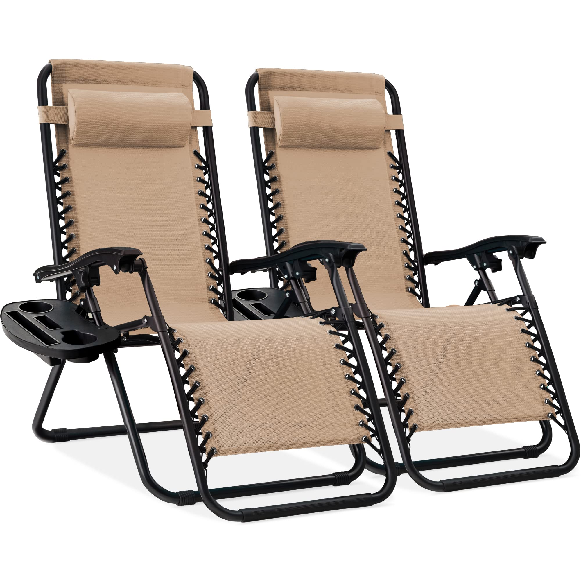 Best Choice Products Set of 2 Adjustable Steel Mesh Zero Gravity Lounge Chair Recliners w/Pillows and Cup Holder Trays - Ice Gray