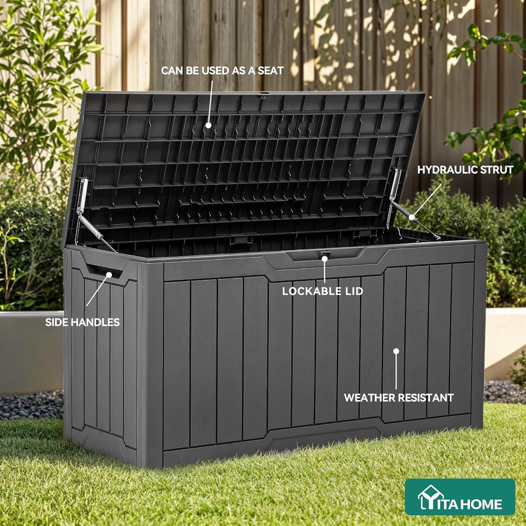 YITAHOME 80 Gallon Resin Deck Box, Weather Resistant Outdoor Storage Box, Lockable Indoor Outdoor Storage for Supplies and Essentials, Dark Gray