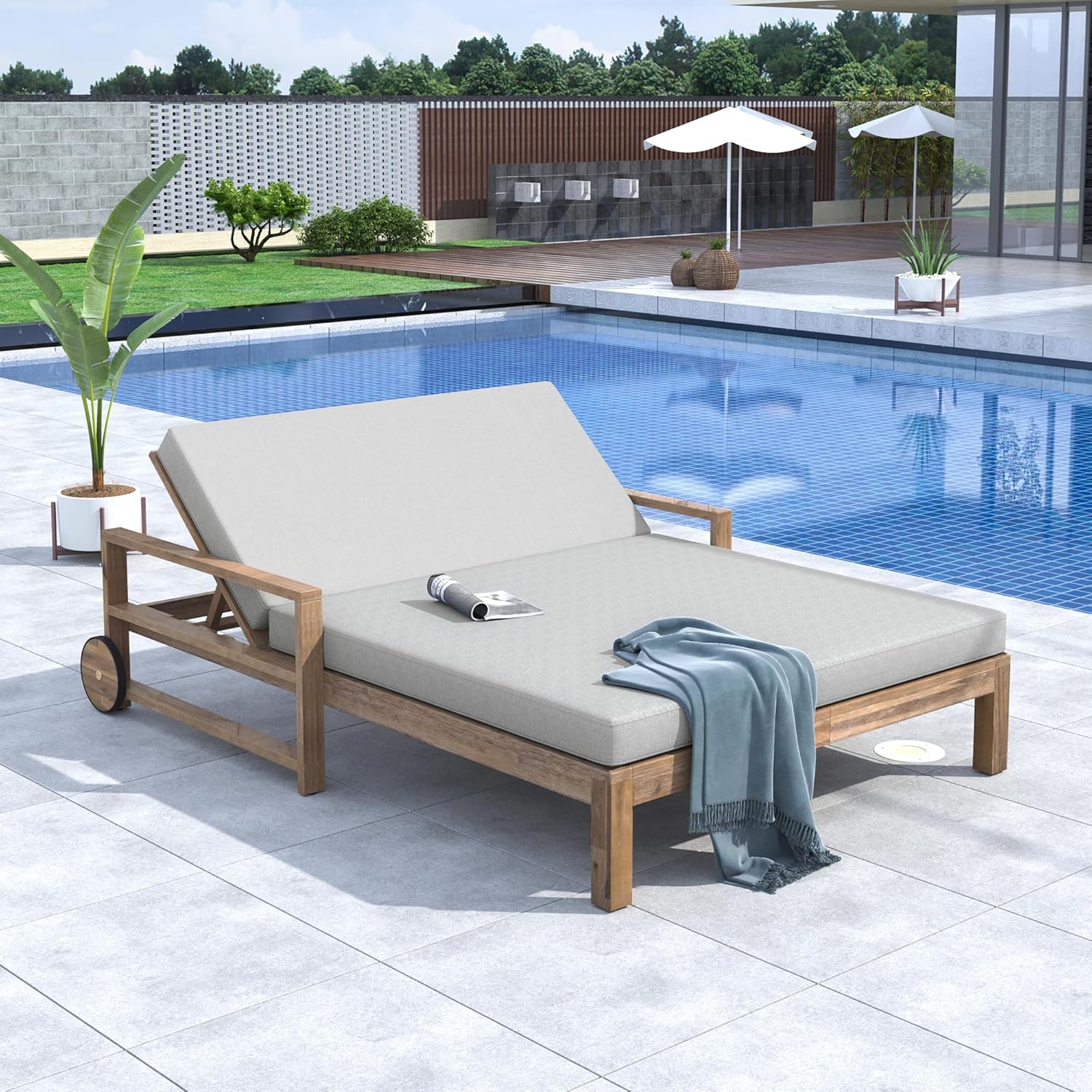 Leisure Zone 5-Position Adjustable Outdoor Chaise Lounge, Solid Acacia Wood Patio Recliner Chair with Beige Thick Weather-Resistant Cushions for Pool, Garden, Balcony (Light Teak)