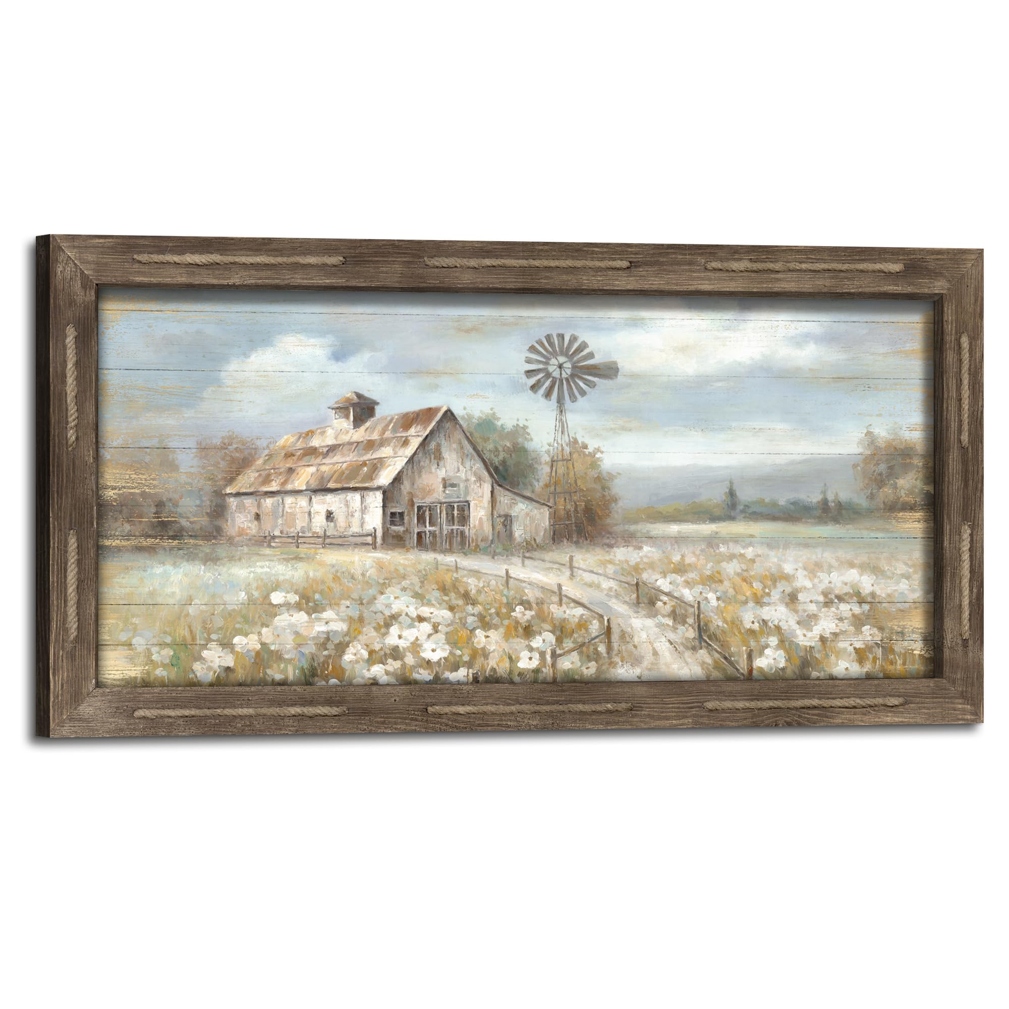 Farmhouse Framed Wall Art Decor: Rustic Country Scene Wood Picture Barn with American Flag Painting Artwork Farm Truck Countryside Print for Bedroom Home Living Room