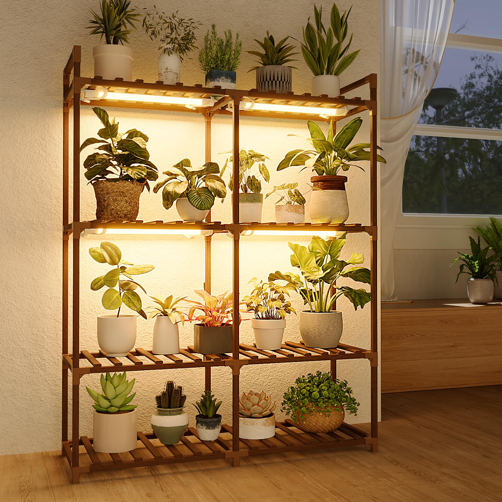 Bamworld Large Plant Shelf Outdoor Wood Plant Stand Large Rack for Living Room Patio, Balcony and Garden