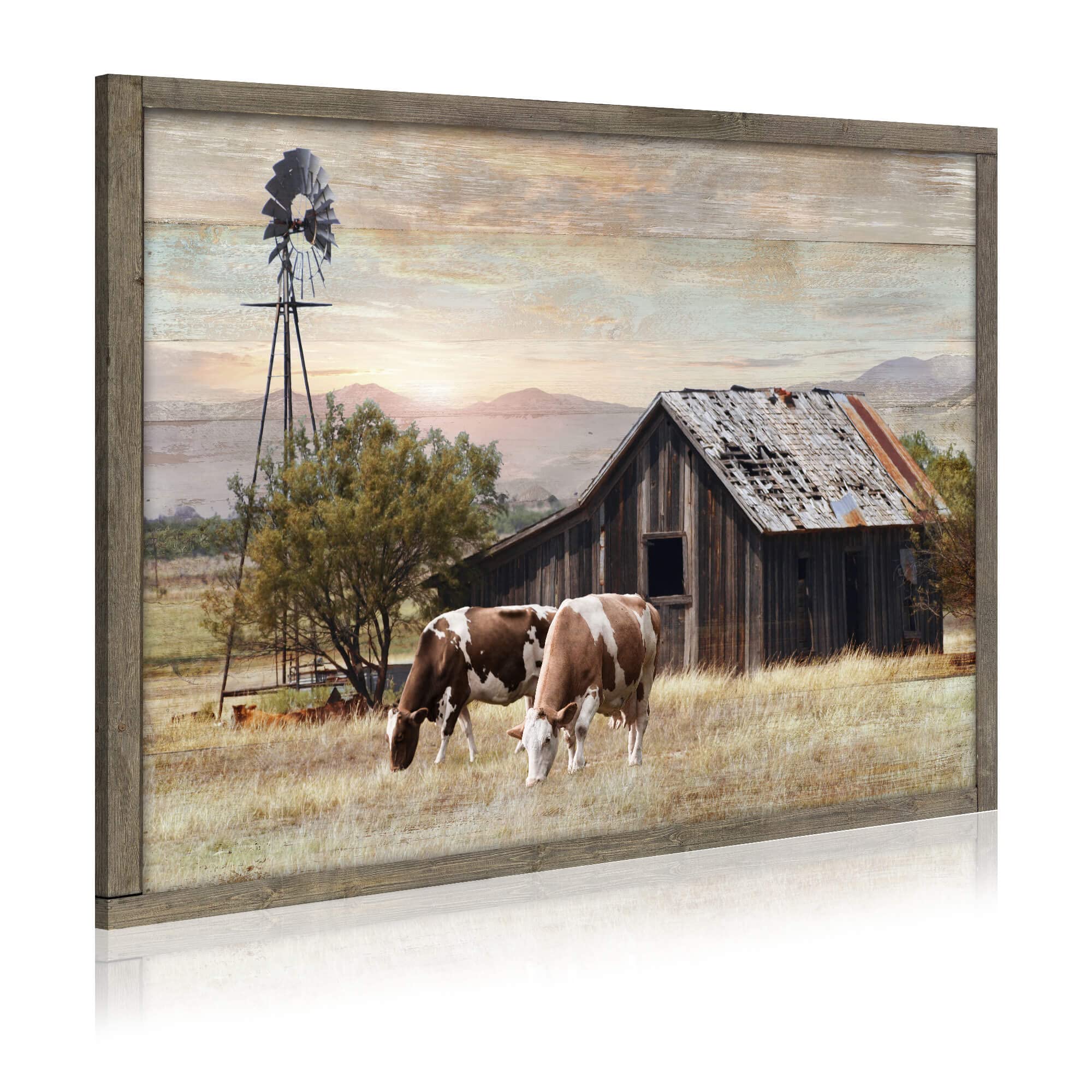 Rustic Landscape Wooden Picture Artwork - Neutral Color Barn with USA Flag Accent Windmill Painting Wall Art Framed