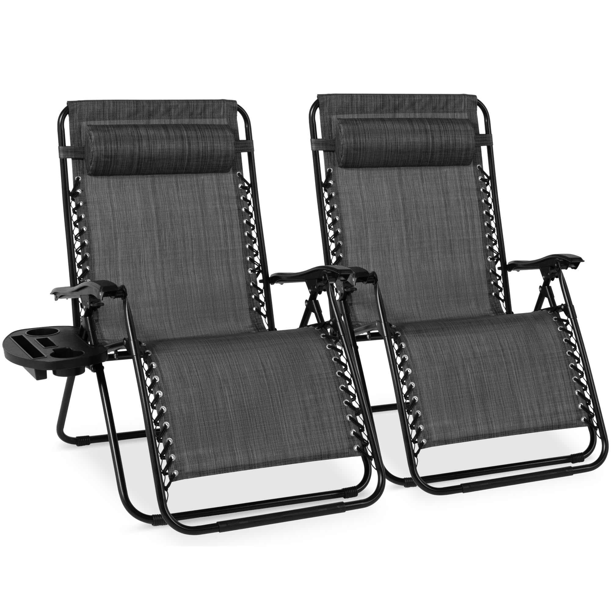 Best Choice Products Set of 2 Adjustable Steel Mesh Zero Gravity Lounge Chair Recliners w/Pillows and Cup Holder Trays - Ice Gray