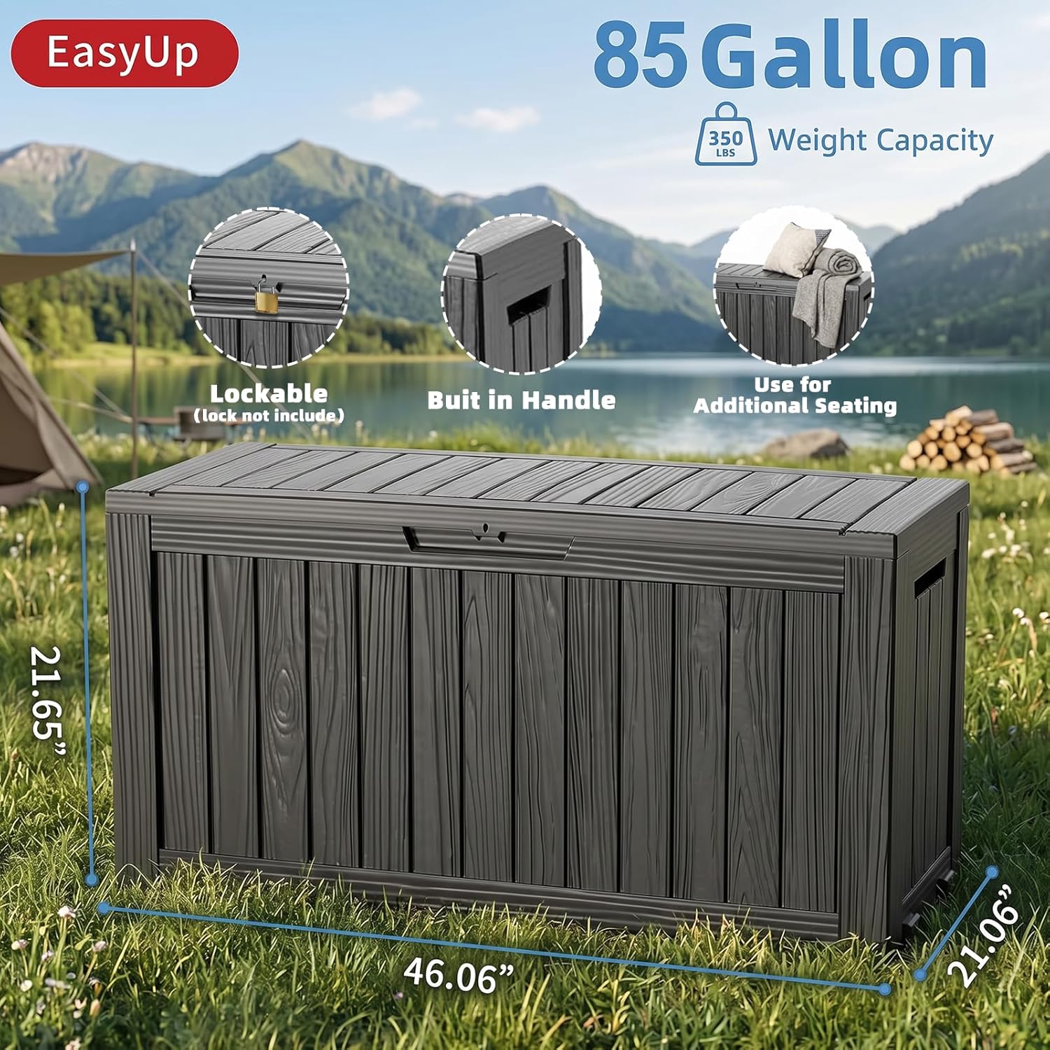 EasyUp 85 Gallon Outdoor Storage Box, Resin Waterproof UV-Resistant Deck Box, Reinforced Stability for Patio, Garden, and Poolside, Striped Black