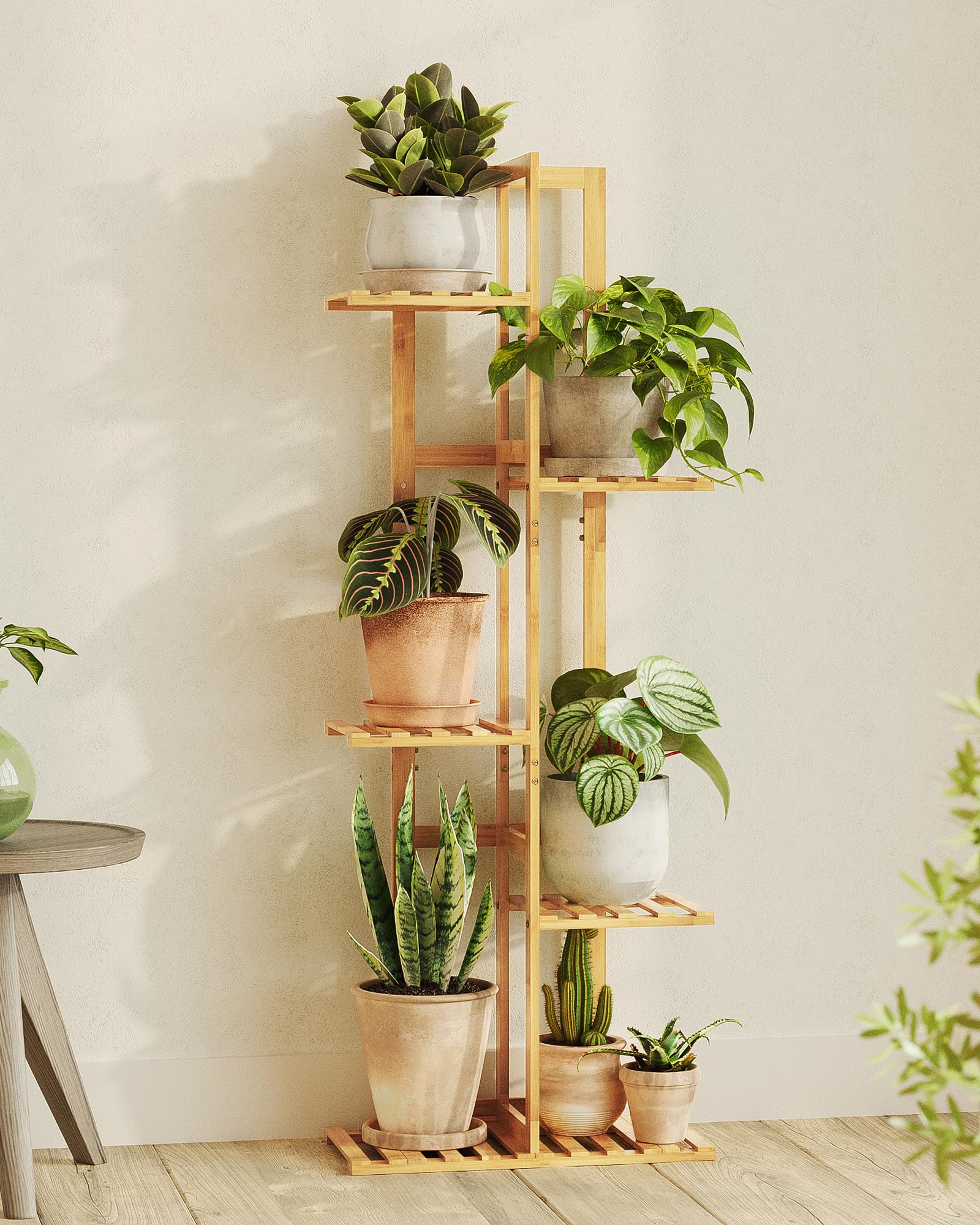 7-Tier Bamboo Plant Stand, Indoor Outdoor Corner Flower Shelf