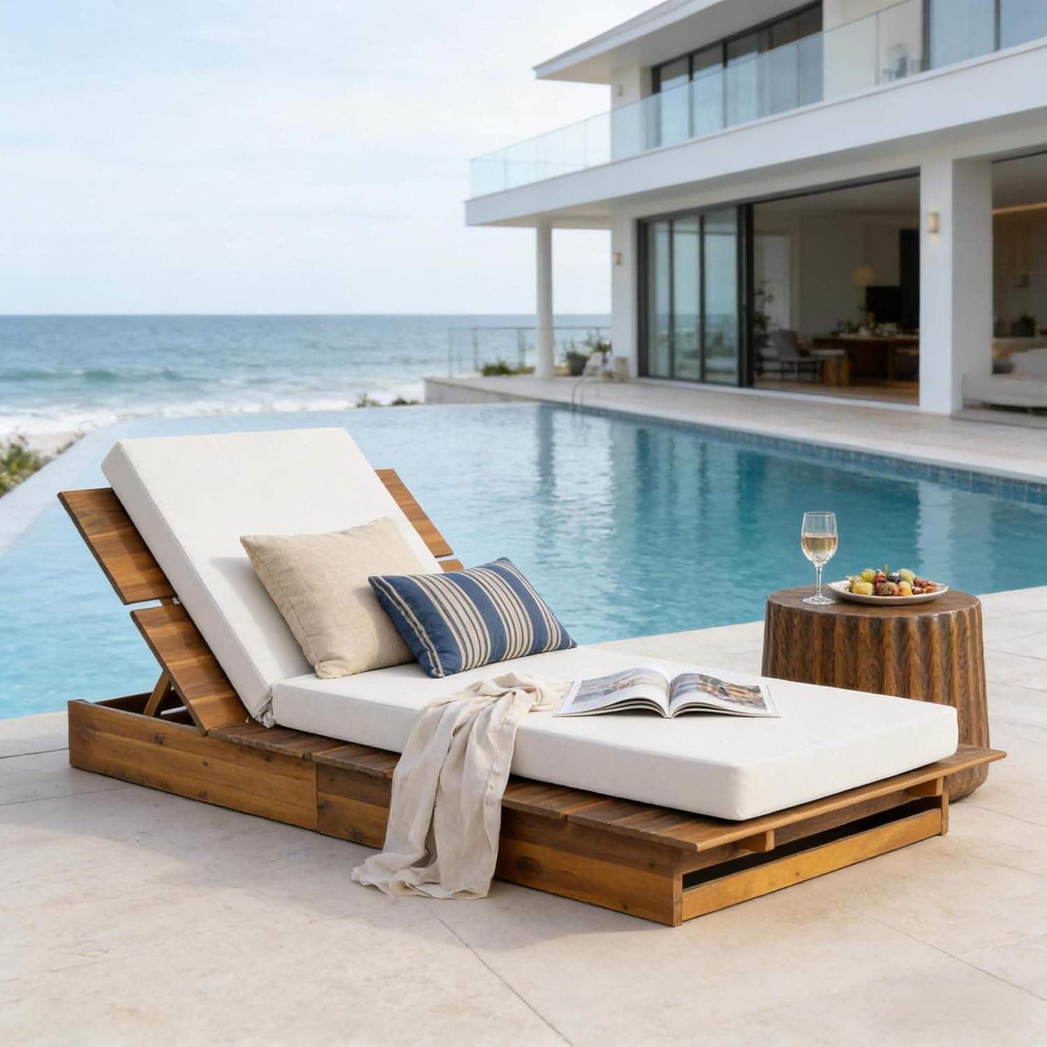 Bard Acacia Wood Chaise Lounge, 3-Position Recliner with Thick Cushion, Teak & Cream