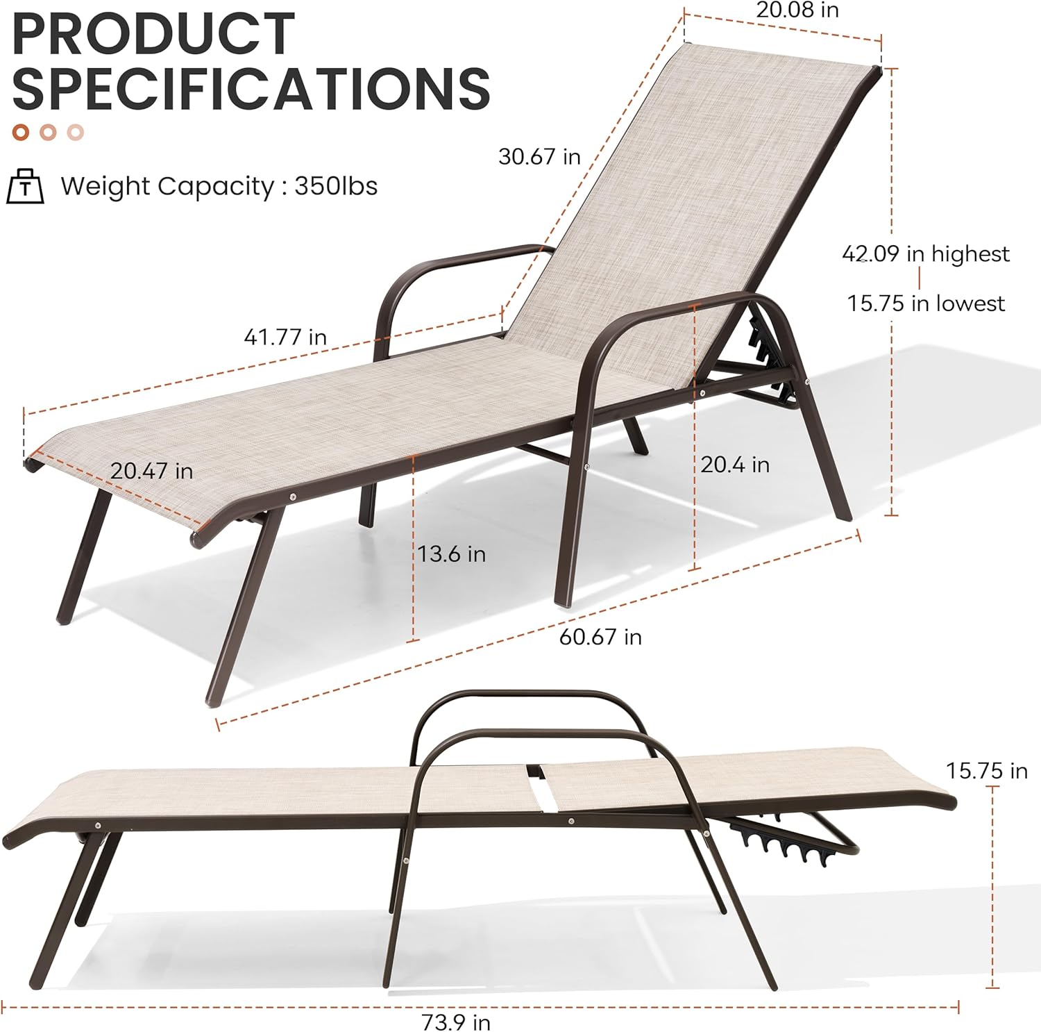 2PC Beige Crestlive Outdoor Chaise Lounge Chair with 5-Position Recline
