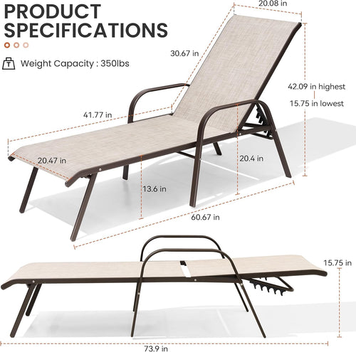 2PC Beige Crestlive Outdoor Chaise Lounge Chair with 5-Position Recline