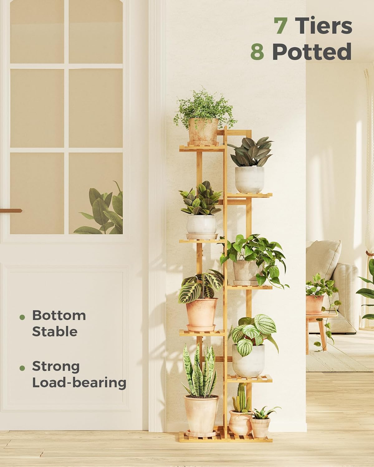 7-Tier Bamboo Plant Stand, Indoor Outdoor Corner Flower Shelf