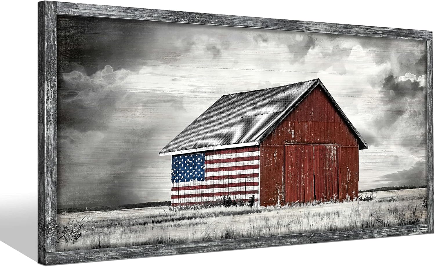 Farmhouse Wood Wall Art Picture: Living Room Framed Rustic Old Barn American Flag Painting Decor Bedroom Large Black White Country Rural Farm Scene Print Horizontal Patriotic Countryside Nature
