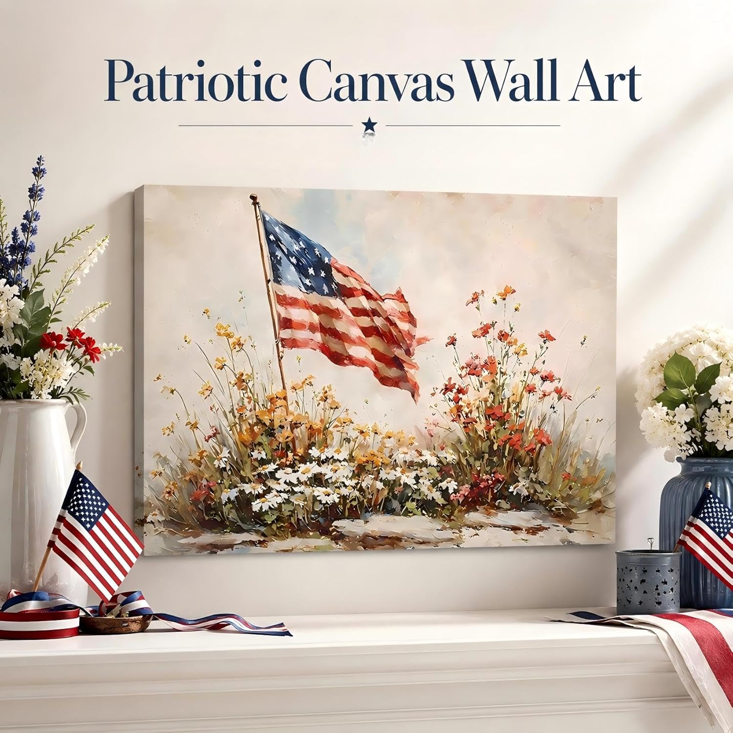 Vintage American Flag Wildflower Canvas Wall Art for Living Room, Framed Patriotic 4th of July Canvas Prints Pictures, Rustic Farmhouse Artwork for Enterway Bedroom Bathroom Wall Decor