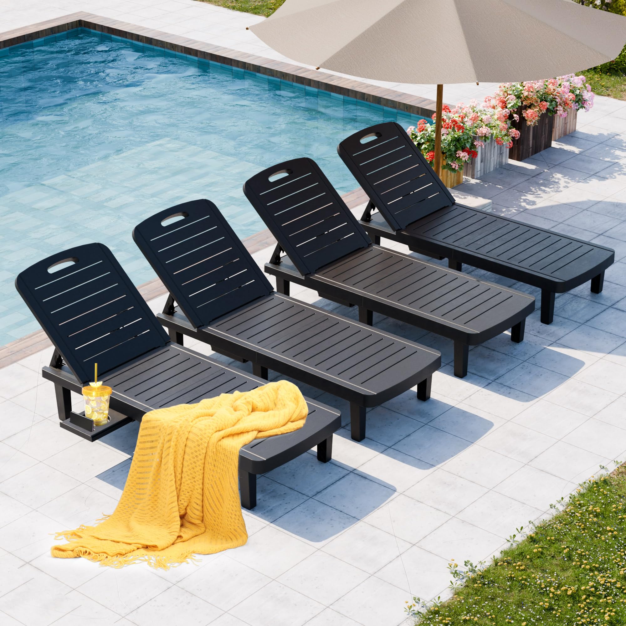 Outdoor Chaise Lounge Set of 4, Waterproof Resin Lounge Chairs for Outside w/Adjustable 5 Positions All Weather Use Recliner Chair for Patio, Poolside, Beach, Yard, Grey