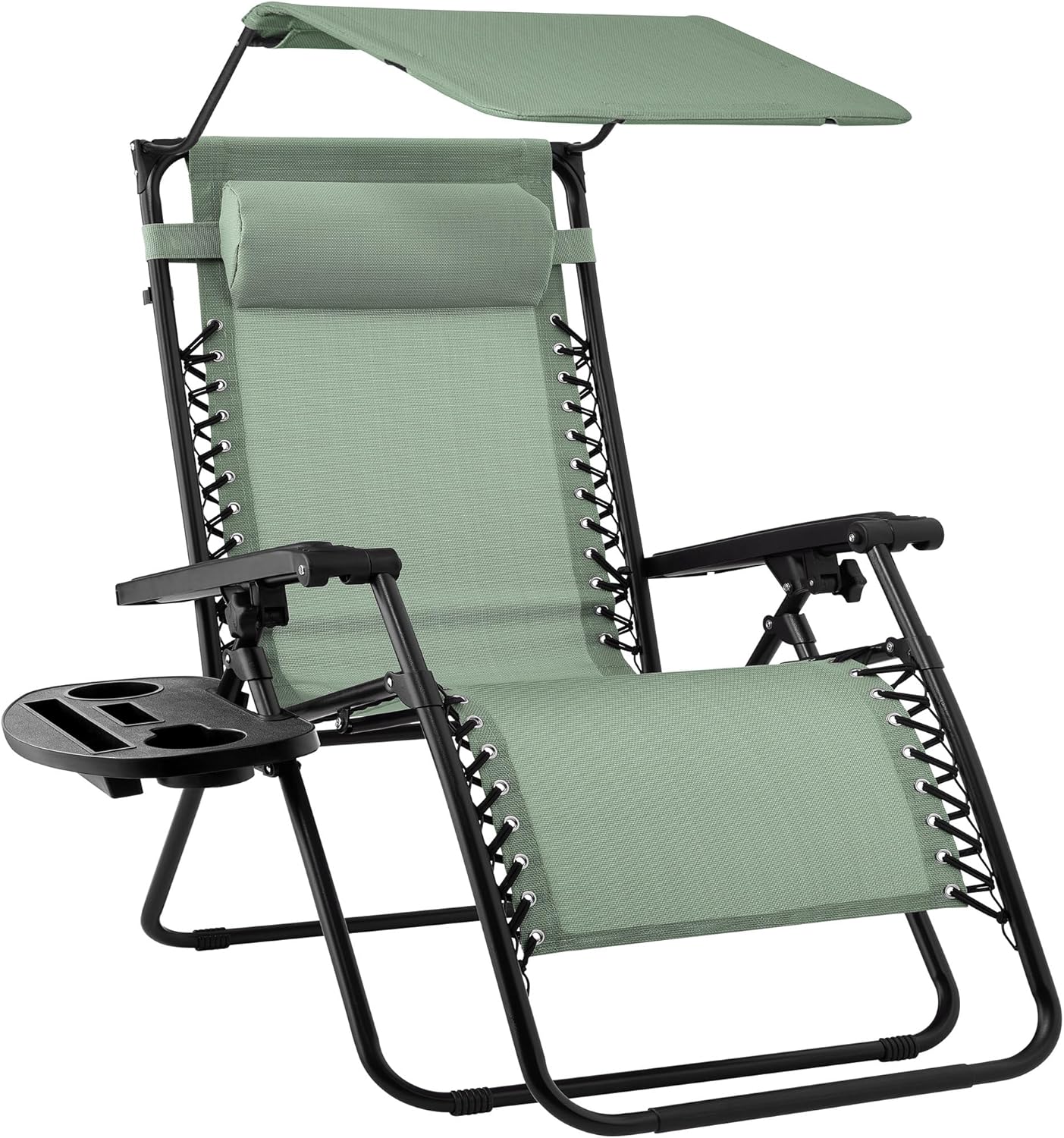 Best Choice Products Folding Zero Gravity Outdoor Recliner Patio Lounge Chair w/Adjustable Canopy Shade, Headrest, Side Accessory Tray, Textilene Mesh - Beige