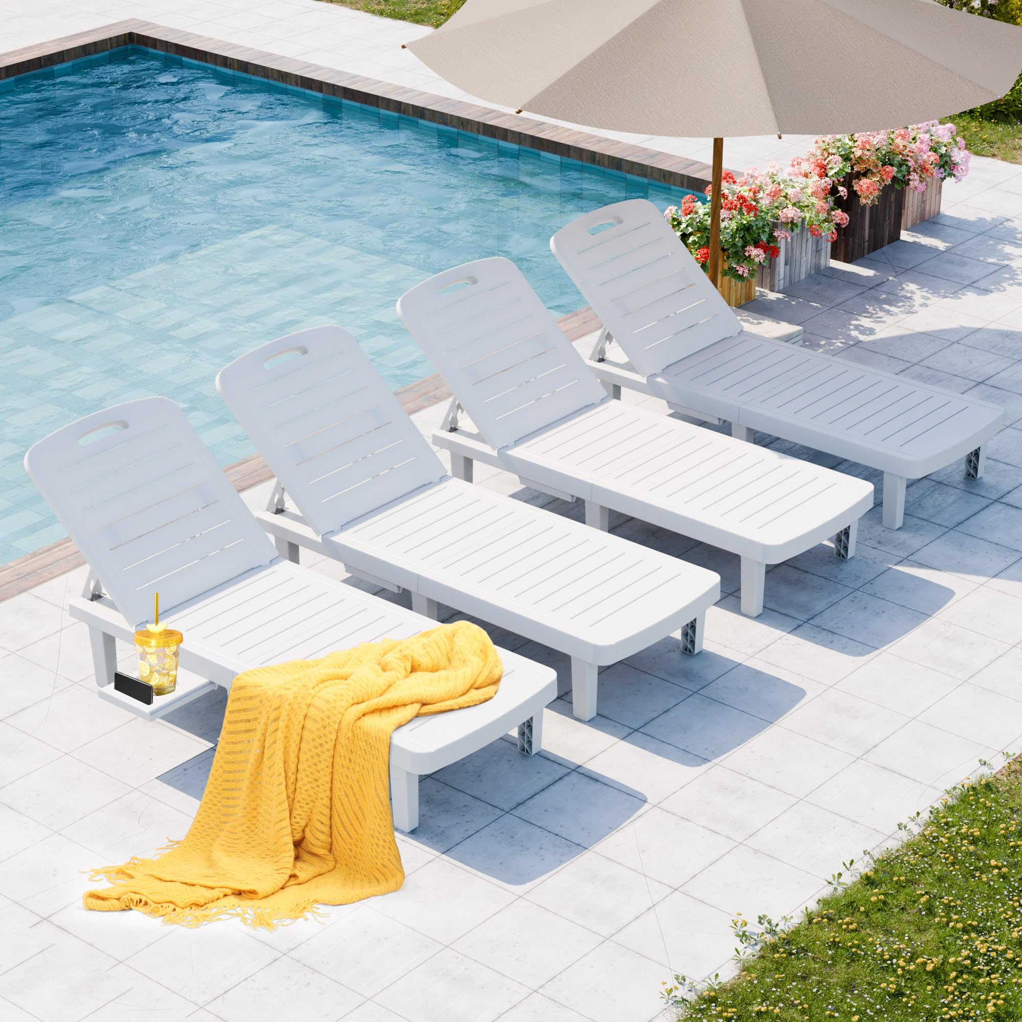 Outdoor Chaise Lounge Set of 4, Waterproof Resin Lounge Chairs for Outside w/Adjustable 5 Positions All Weather Use Recliner Chair for Patio, Poolside, Beach, Yard, Grey