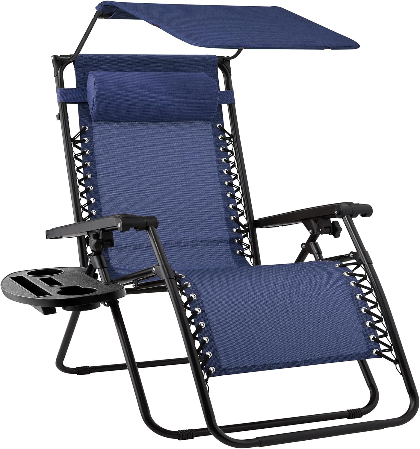 Best Choice Products Folding Zero Gravity Outdoor Recliner Patio Lounge Chair w/Adjustable Canopy Shade, Headrest, Side Accessory Tray, Textilene Mesh - Beige