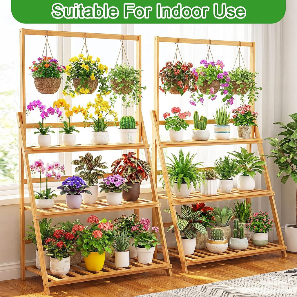 Leinuosen 2 Pcs 50.4" Bamboo 3-tier Tall Plant Stand with Hanging Shelf, Indoor & Outdoor Ladder Flower Pot Display Shelf Wooden Tall Foldable Plant Stand Holder for Garden Patio Balcony Living Room
