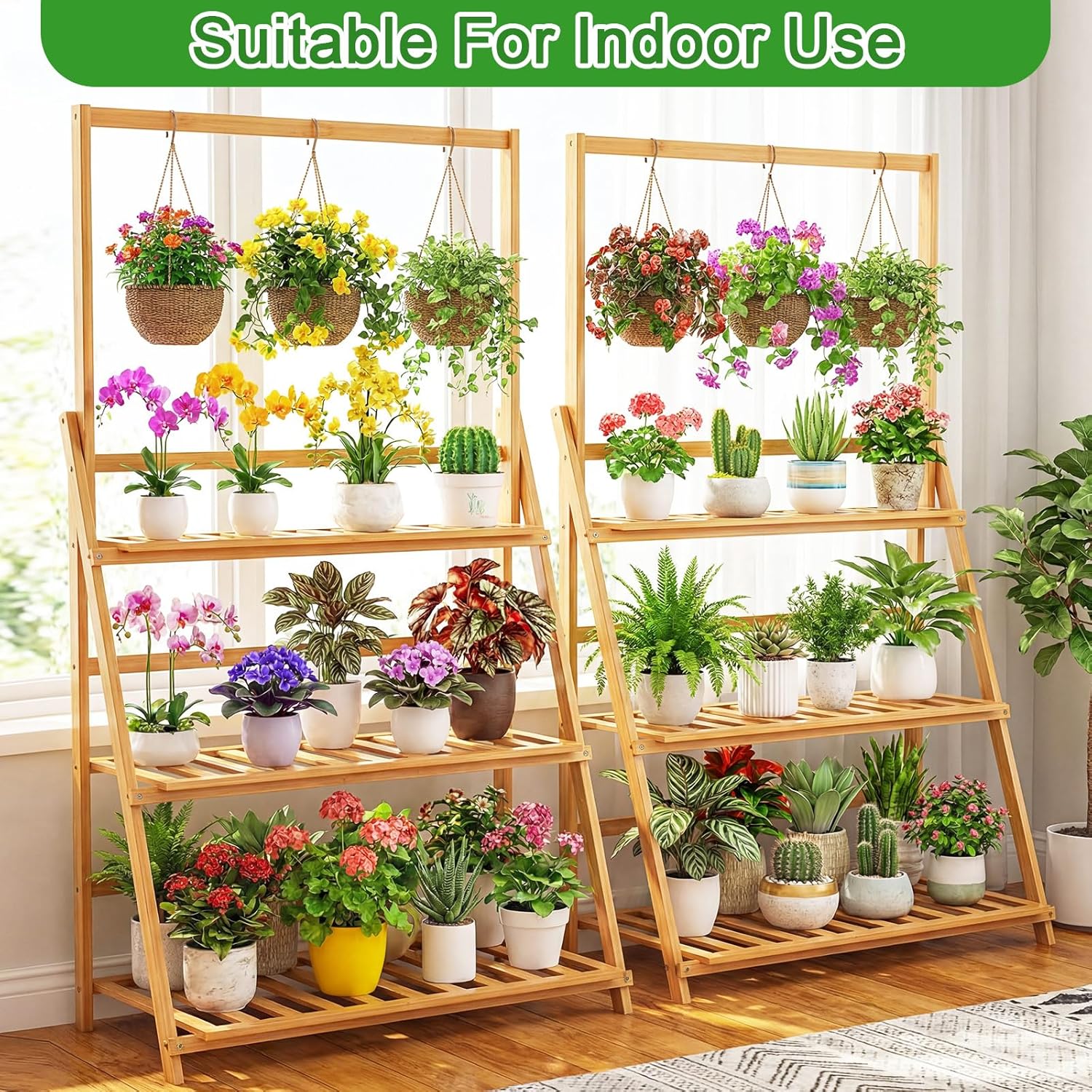 Leinuosen 2 Pcs 50.4" Bamboo 3-tier Tall Plant Stand with Hanging Shelf, Indoor & Outdoor Ladder Flower Pot Display Shelf Wooden Tall Foldable Plant Stand Holder for Garden Patio Balcony Living Room