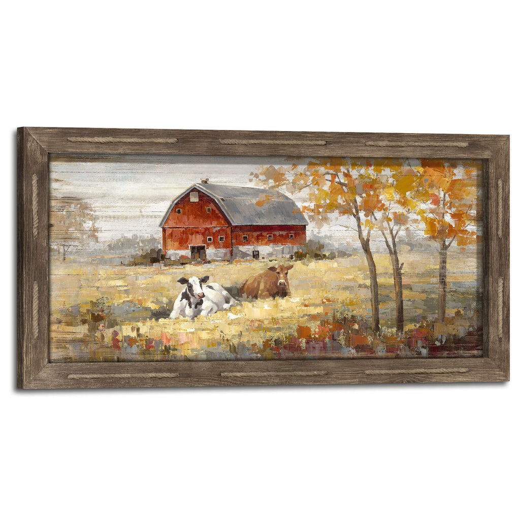 Farmhouse Framed Wall Art Decor: Rustic Country Scene Wood Picture Barn with American Flag Painting Artwork Farm Truck Countryside Print for Bedroom Home Living Room