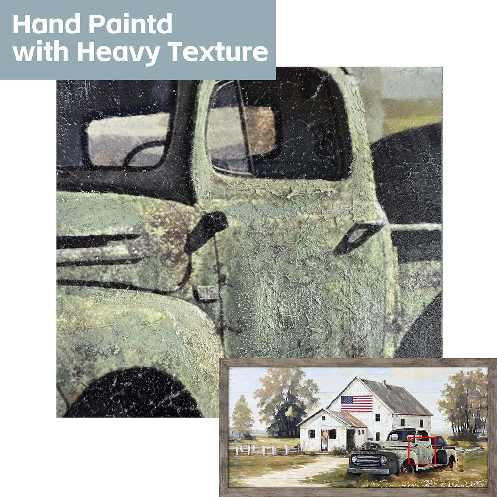 Farmhouse Framed Wall Art Decor: Rustic Country Scene Wood Picture Barn with American Flag Painting Artwork Farm Truck Countryside Print for Bedroom Home Living Room