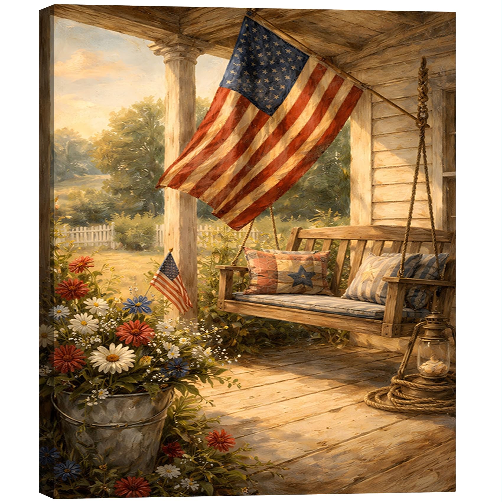 Vintage American Flag Wildflower Canvas Wall Art for Living Room, Framed Patriotic 4th of July Canvas Prints Pictures, Rustic Farmhouse Artwork for Enterway Bedroom Bathroom Wall Decor