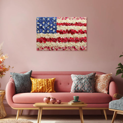 Azatyam American Flag Wall Art Patriotic Floral Picture USA Americana Decor Red White Rose Painting Wildflower Canvas Prints Vintage Country Style Artwork for Living Room Office Bedroom Wall Decor 16" x 24"