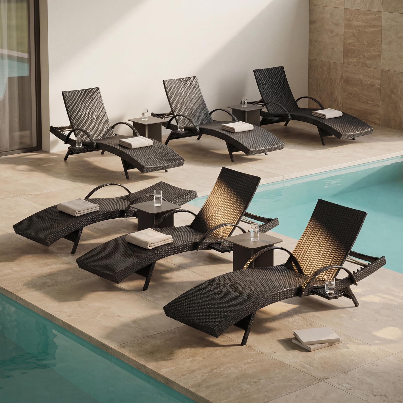 Set of 2 Gray Outdoor Chaise Lounge Chairs, Wicker Patio Lounge Chairs with Adjustable Backrest and Armrests, Durable PE Rattan Pool Chair for Patio, Poolside and Garden