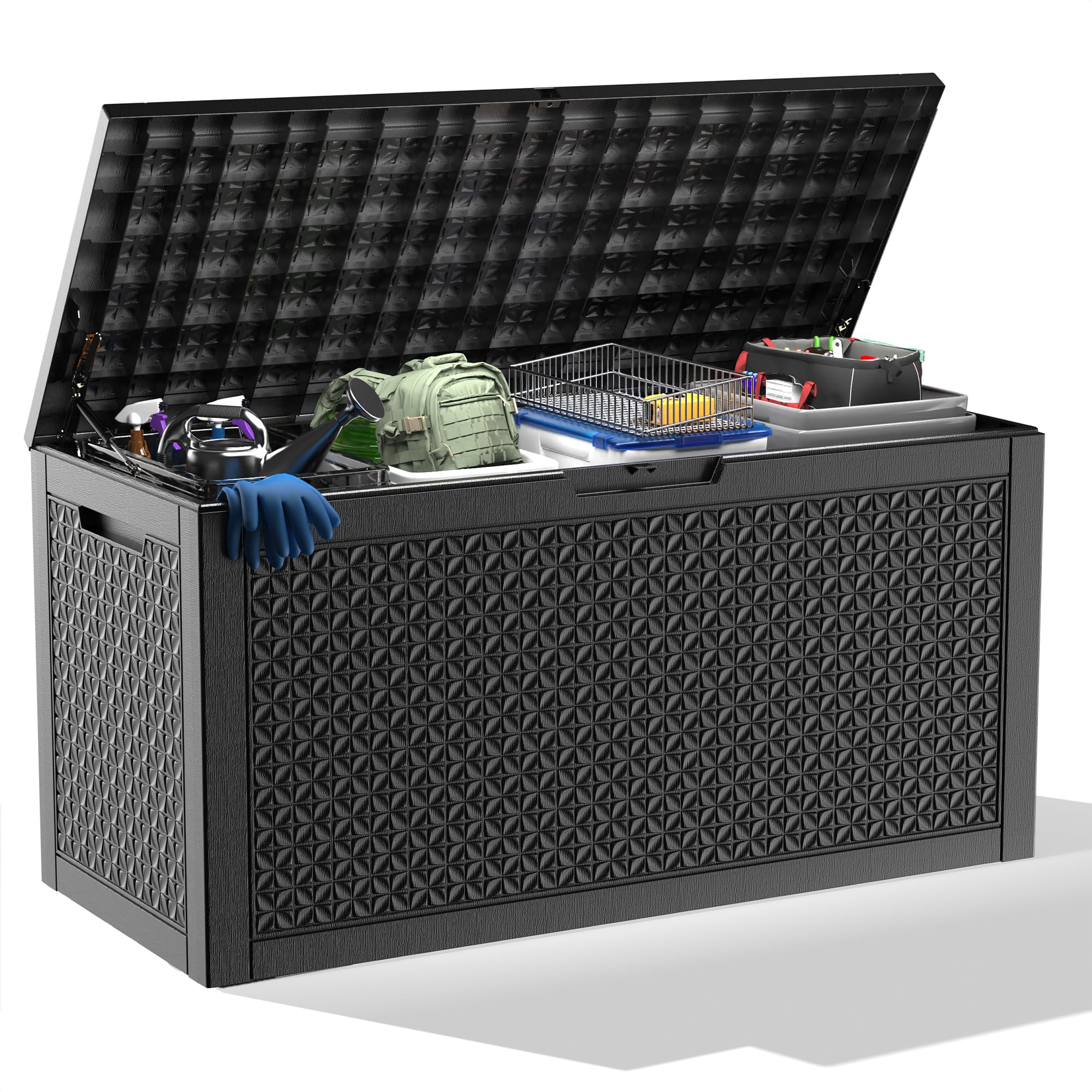 PatioZen 31 Gallon Wicker Pattern Resin Deck Box, Lockable Patio Outdoor Storage Box for Furniture, Garden Tools and Tools Storage, Waterproof Outside Storage Box (Grey)