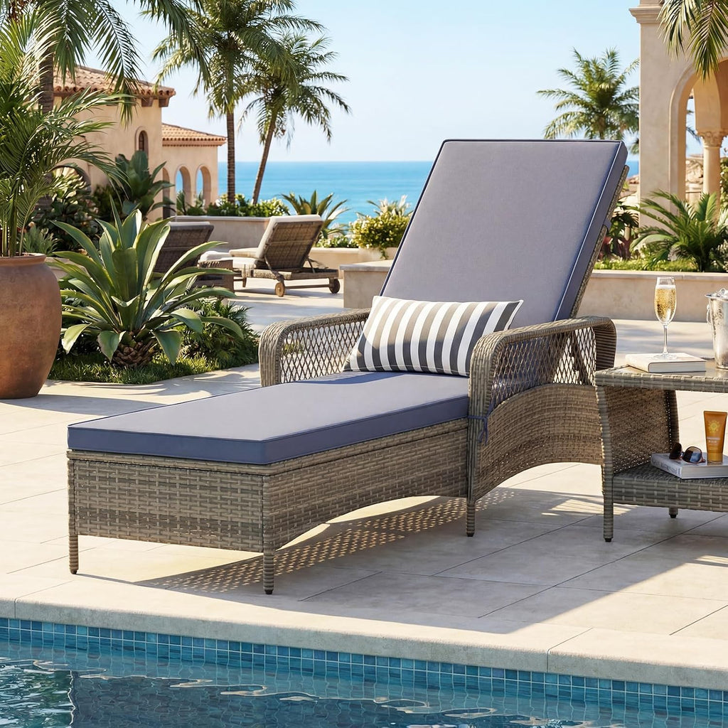 Wicker Chaise Lounge Chair, Patio Rattan Recliner with 6-Position Adjustable Backrest, Soft Cushions, Removable Lumber Pillow & Armrests, Lounger Chair for Poolside & Backyard (Off White)