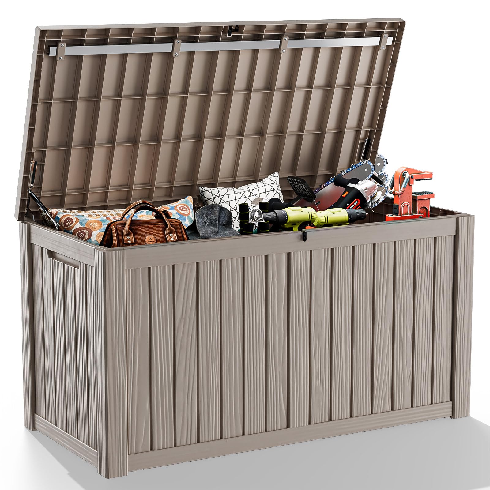 PatioZen 31 Gallon Wicker Pattern Resin Deck Box, Lockable Patio Outdoor Storage Box for Furniture, Garden Tools and Tools Storage, Waterproof Outside Storage Box (Grey)