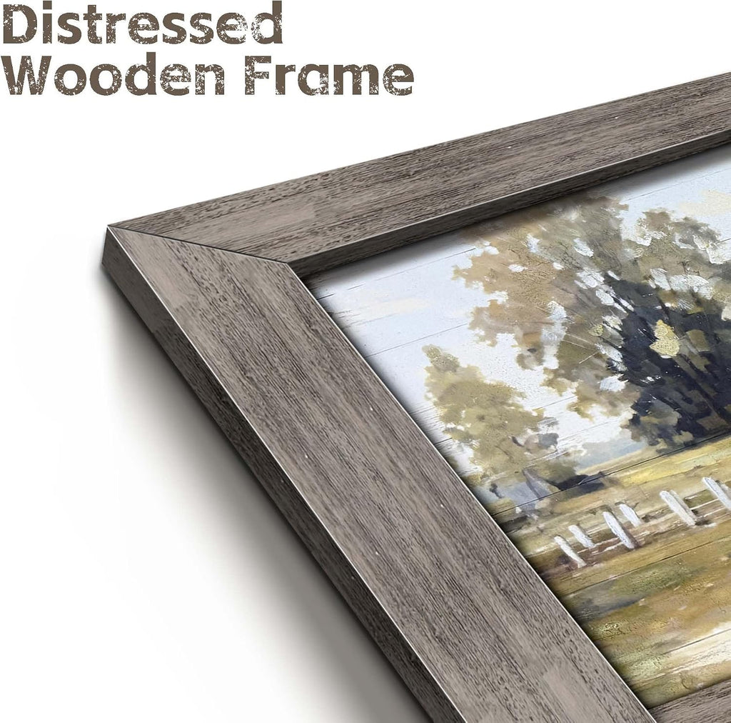 Farmhouse Framed Wall Art Decor: Rustic Country Scene Wood Picture Barn with American Flag Painting Artwork Farm Truck Countryside Print for Bedroom Home Living Room