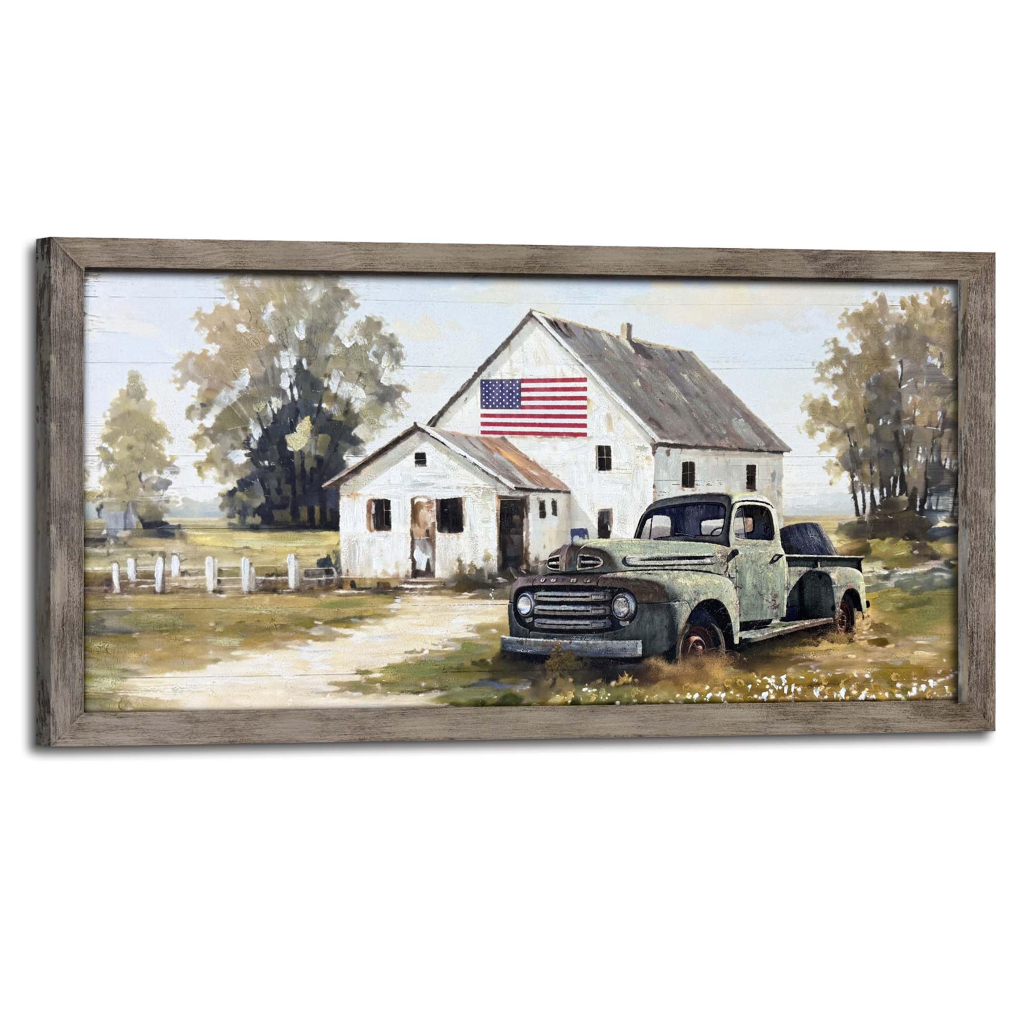 Farmhouse Framed Wall Art Decor: Rustic Country Scene Wood Picture Barn with American Flag Painting Artwork Farm Truck Countryside Print for Bedroom Home Living Room