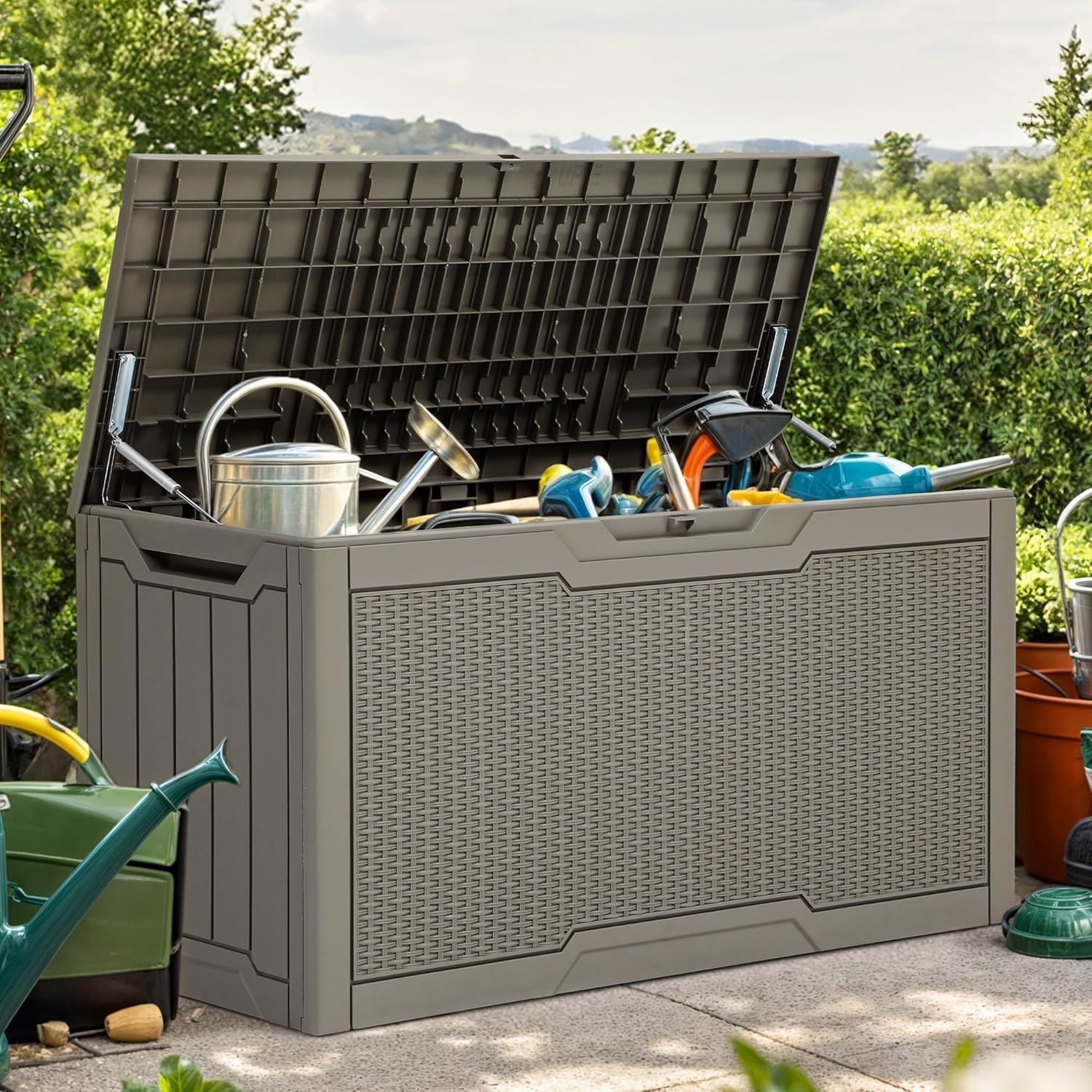 YITAHOME 80 Gallon Resin Deck Box, Weather Resistant Outdoor Rattan Storage Box, Lockable Indoor Outdoor Storage for Supplies and Essentials, Dark Gray