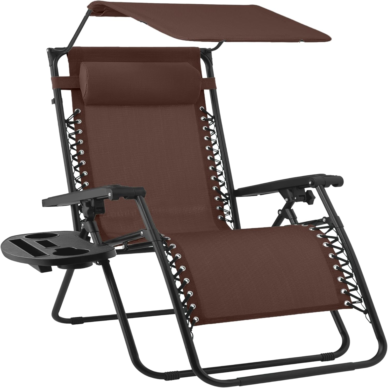 Best Choice Products Folding Zero Gravity Outdoor Recliner Patio Lounge Chair w/Adjustable Canopy Shade, Headrest, Side Accessory Tray, Textilene Mesh - Beige