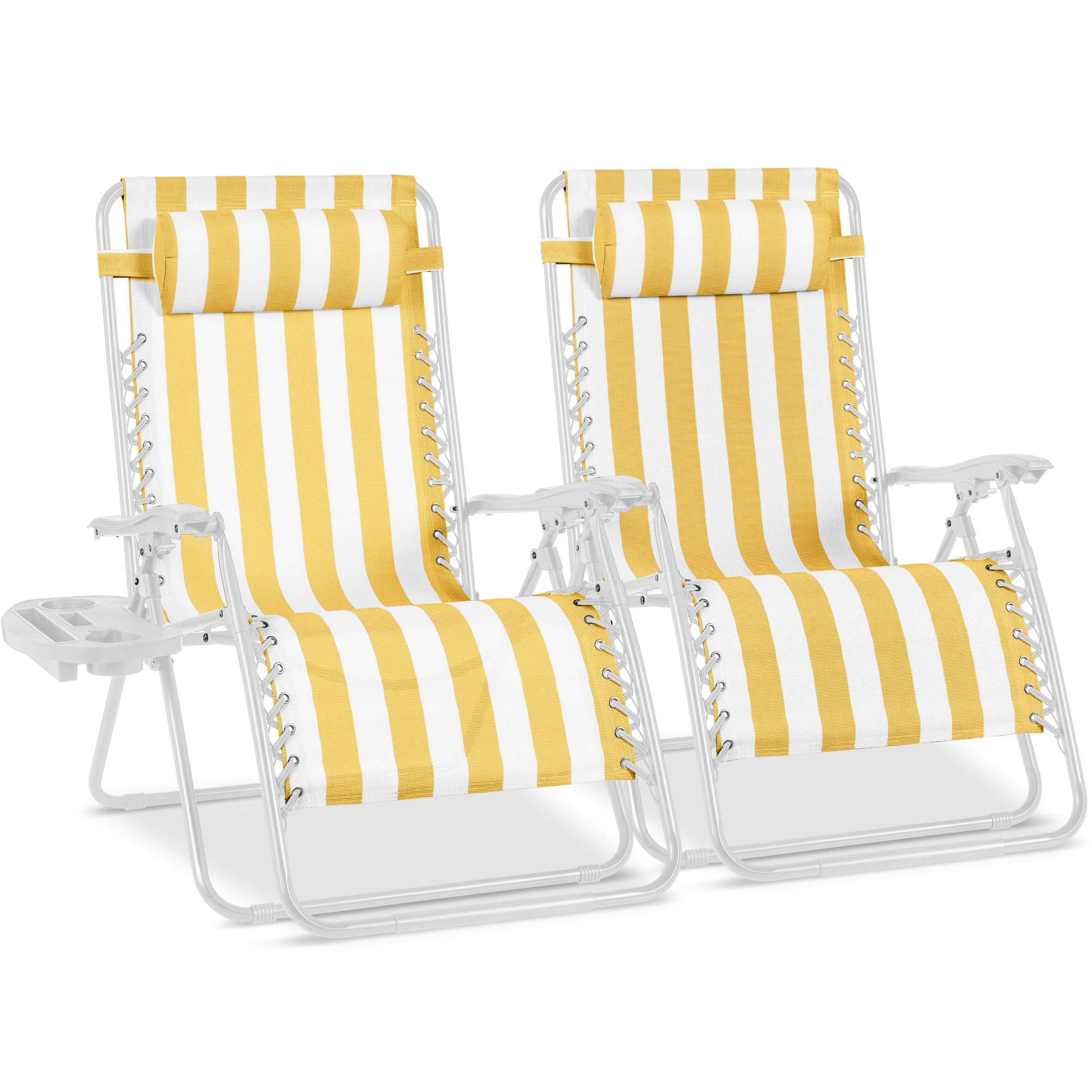 Best Choice Products Set of 2 Adjustable Steel Mesh Zero Gravity Lounge Chair Recliners w/Pillows and Cup Holder Trays - Ice Gray