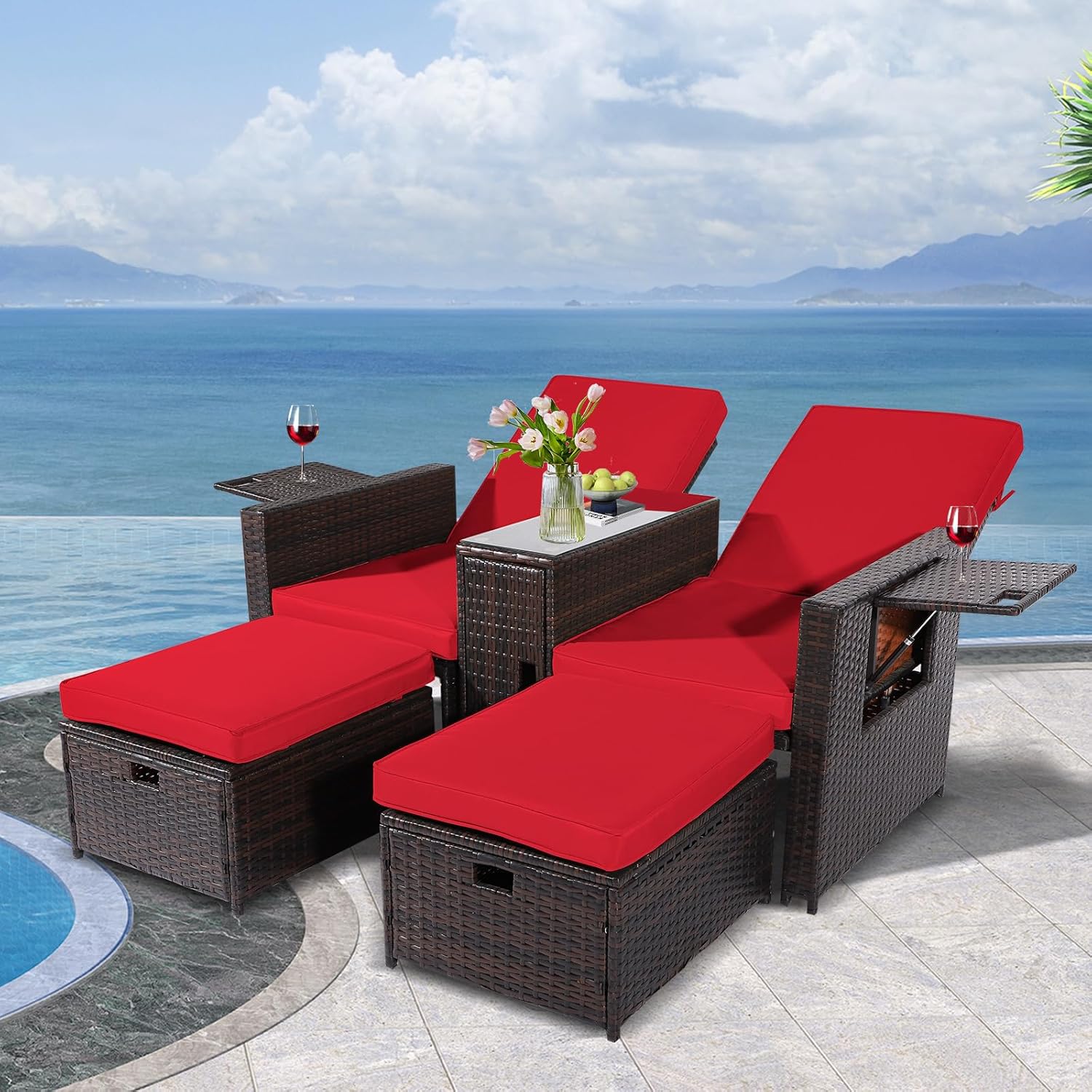 5PCS Outdoor Wicker Chaise Lounge Chair - Rattan Adjustable Reclining Patio Lounge Chair with Ottoman and Coffee Table, for Patio Beach Pool Backyard (Black Wicker Khaki Cushion)